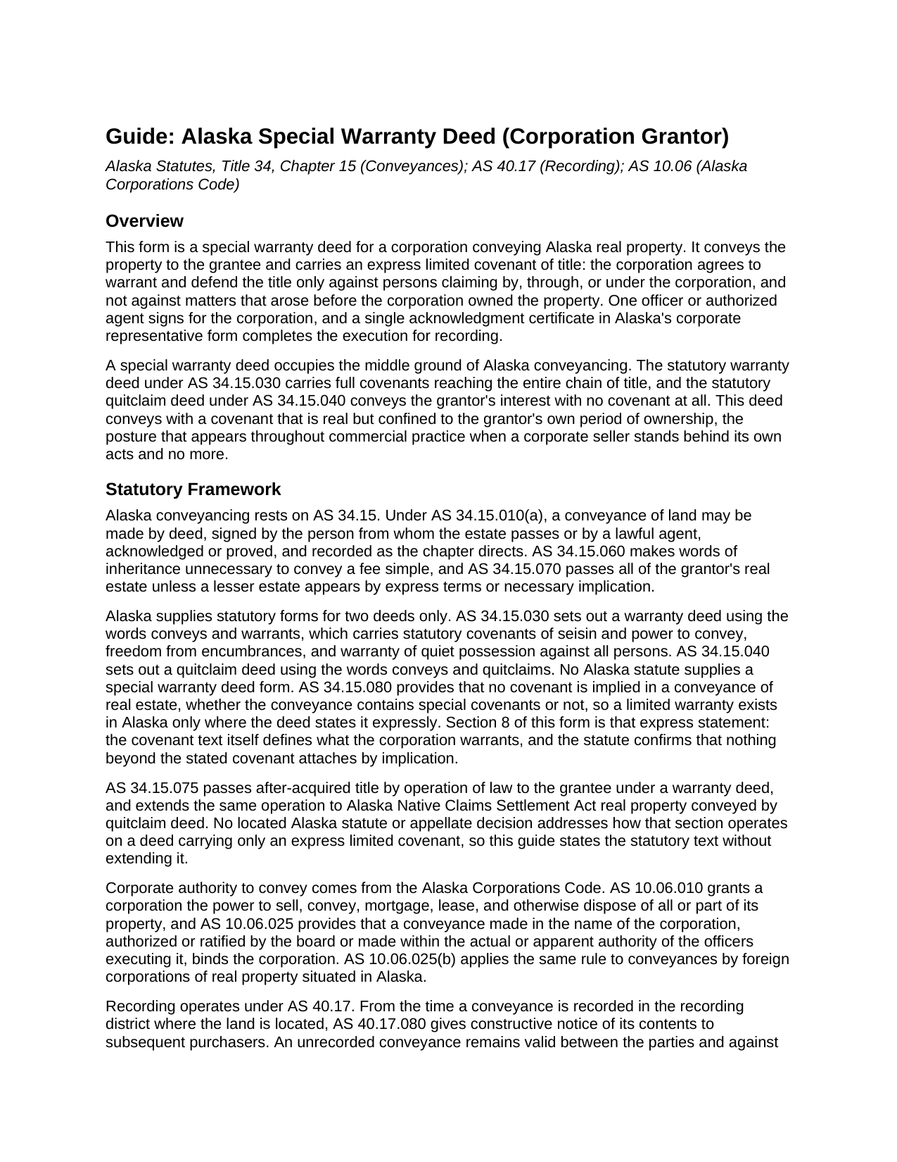 Yukon Koyukuk Borough Special Warranty Deed (Corporation Grantor) Guide