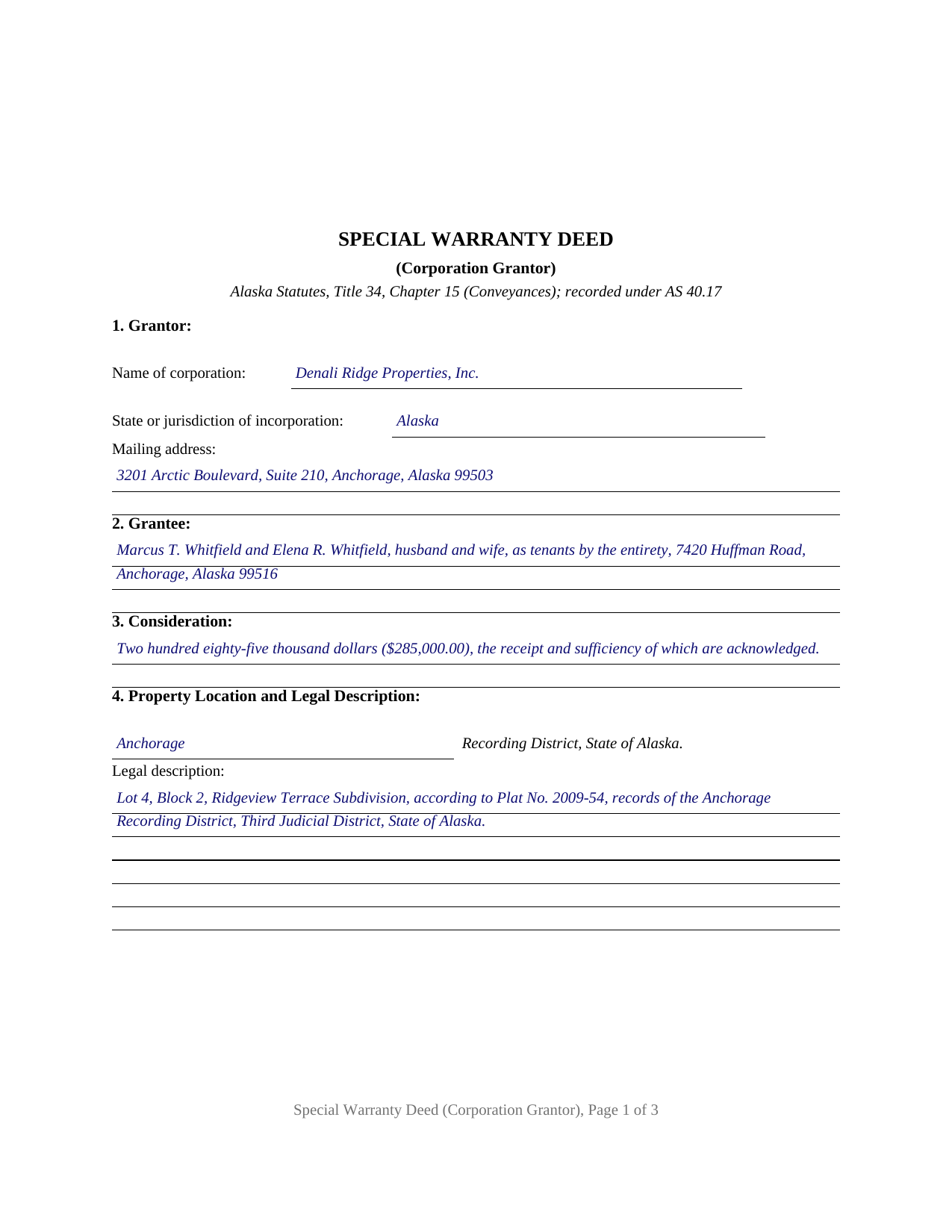 Yukon Koyukuk Borough Completed Example of the Special Warranty Deed (Corporation Grantor) Document