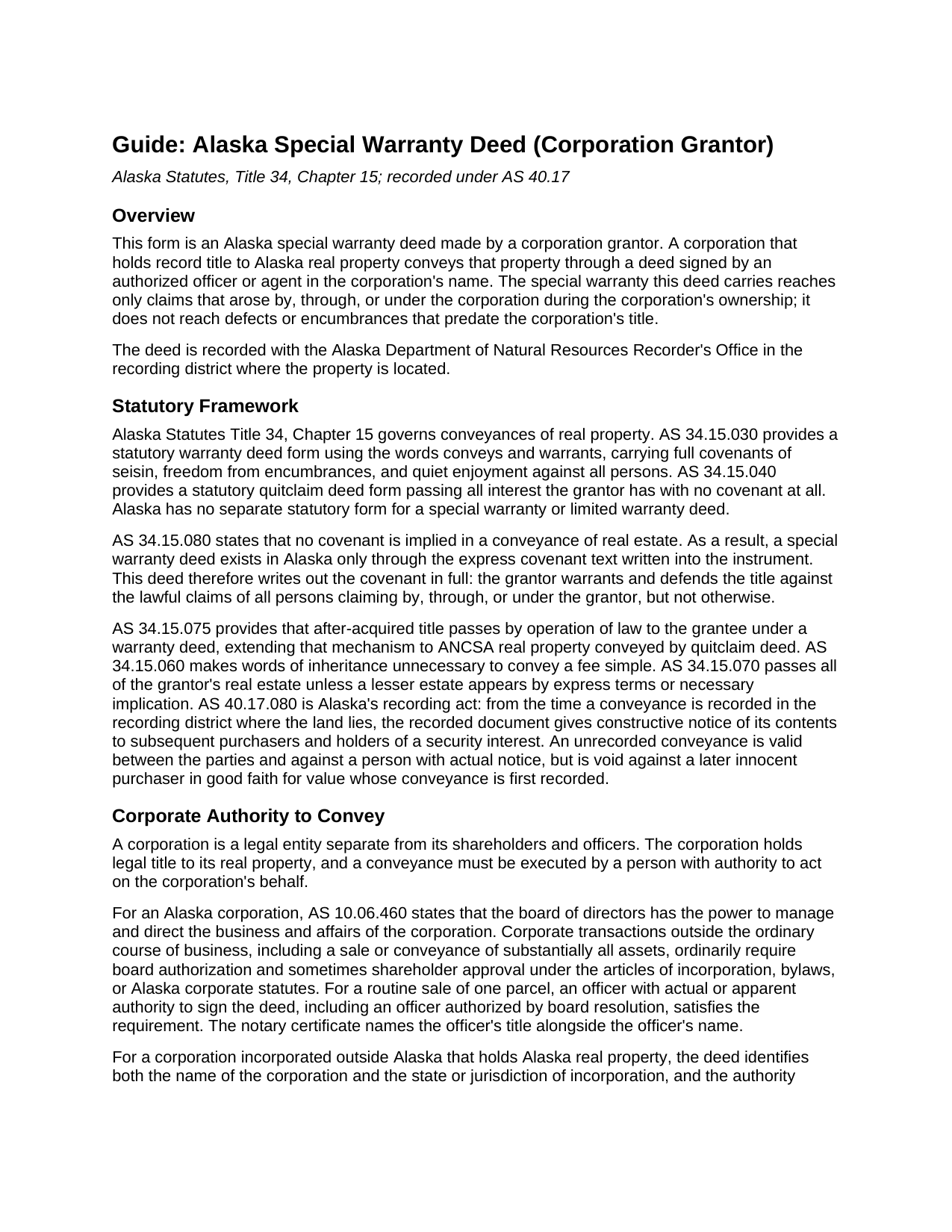 Yukon Koyukuk Borough Special Warranty Deed (Corporation Grantor) Guide