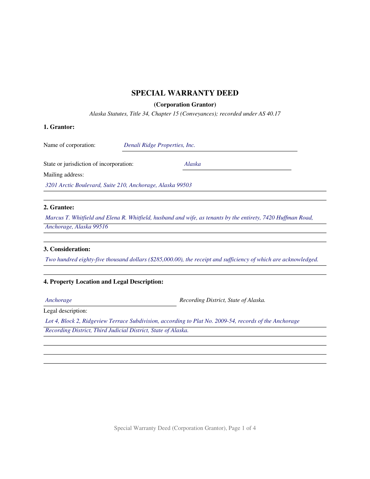 Yukon Koyukuk Borough Completed Example of the Special Warranty Deed (Corporation Grantor) Document