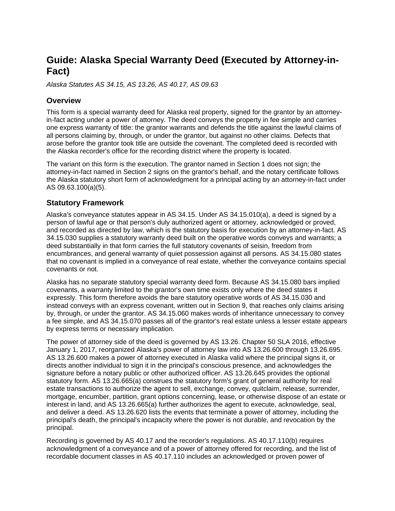 Yukon Koyukuk Borough Special Warranty Deed (Executed by Attorney-in-Fact) Guide