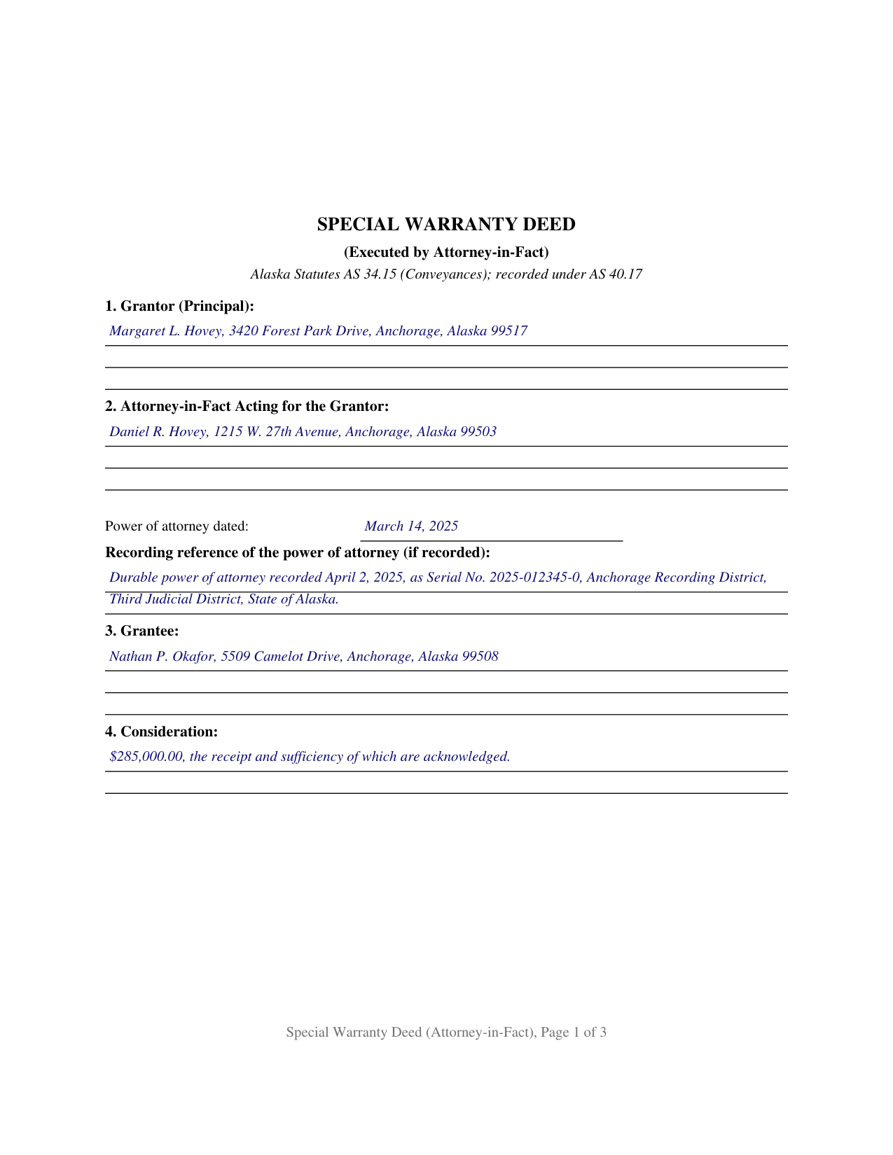Yukon Koyukuk Borough Completed Example of the Special Warranty Deed (Executed by Attorney-in-Fact) Document
