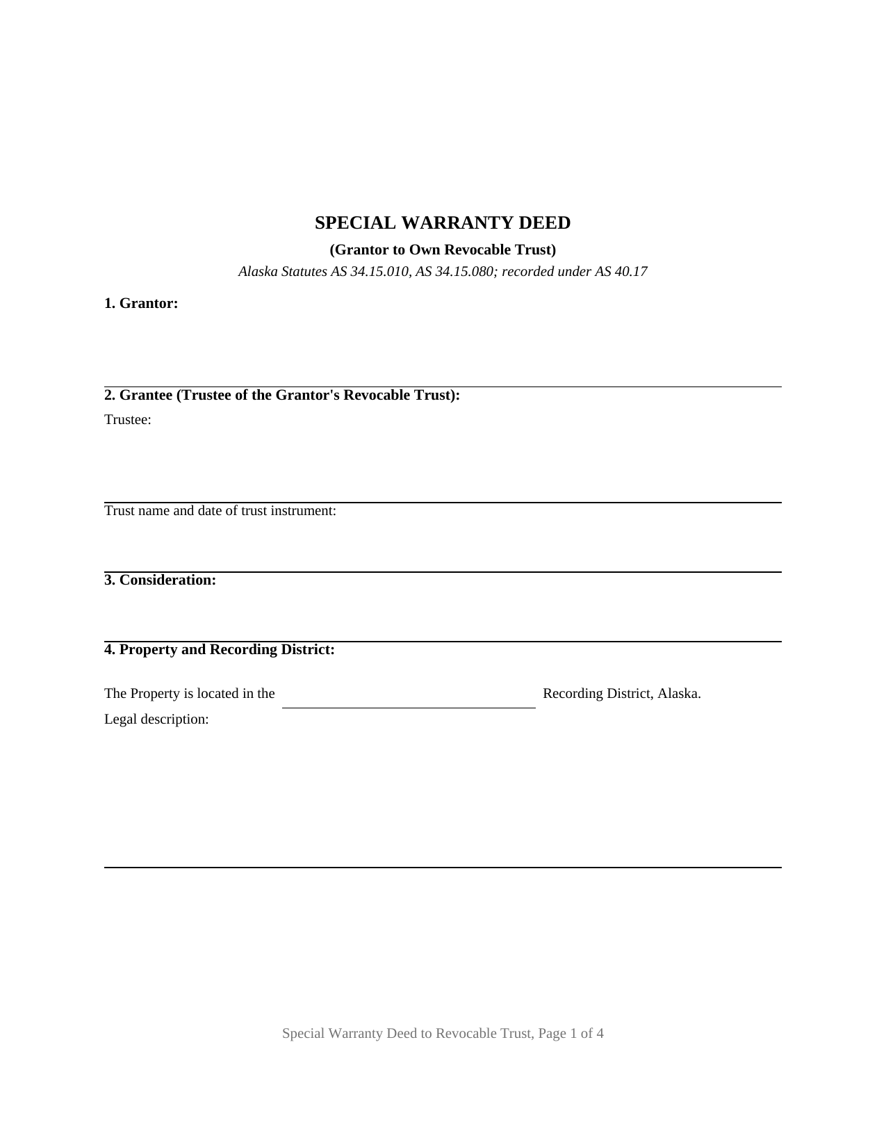 Yukon Koyukuk Borough Special Warranty Deed (Grantor to Own Revocable Trust) Form