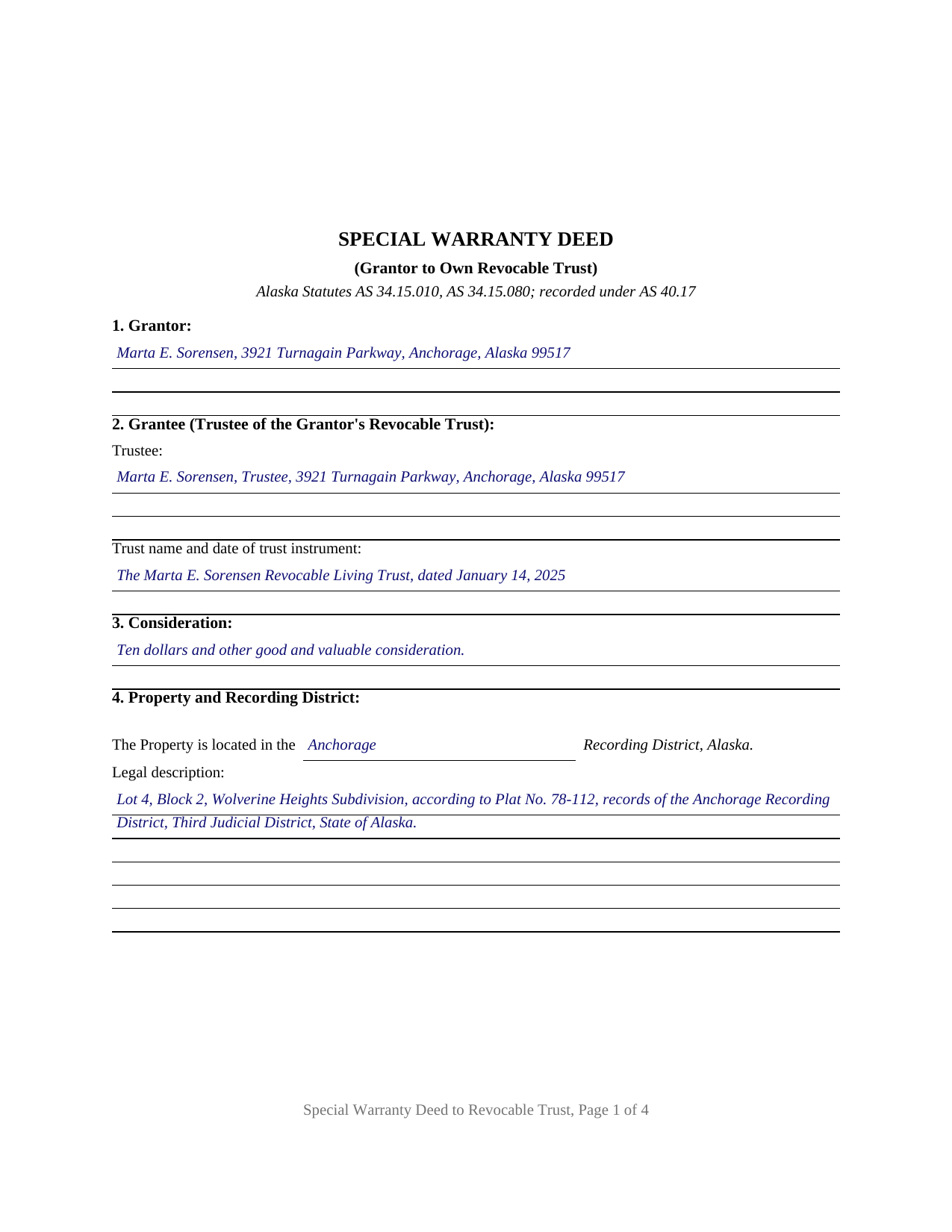Yukon Koyukuk Borough Completed Example of the Special Warranty Deed (Grantor to Own Revocable Trust) Document