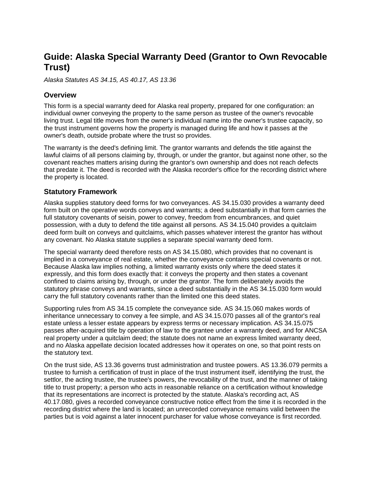 Yukon Koyukuk Borough Special Warranty Deed (Grantor to Own Revocable Trust) Guide
