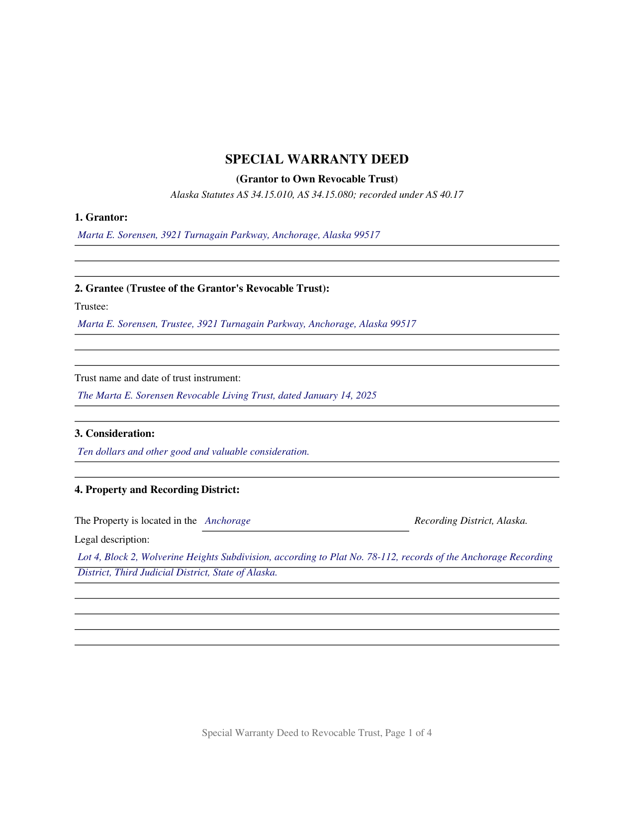 Yukon Koyukuk Borough Completed Example of the Special Warranty Deed (Grantor to Own Revocable Trust) Document