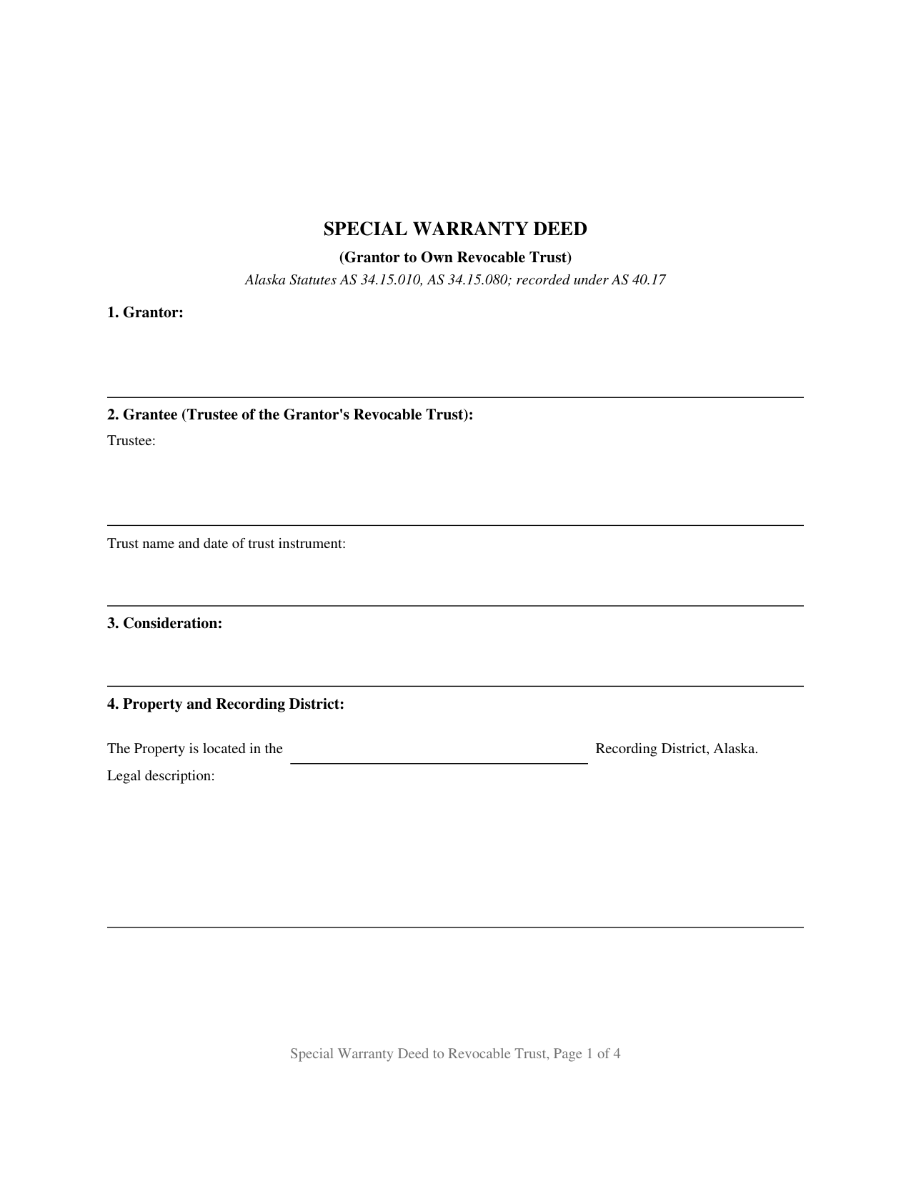 Yukon Koyukuk Borough Special Warranty Deed (Grantor to Own Revocable Trust) Form