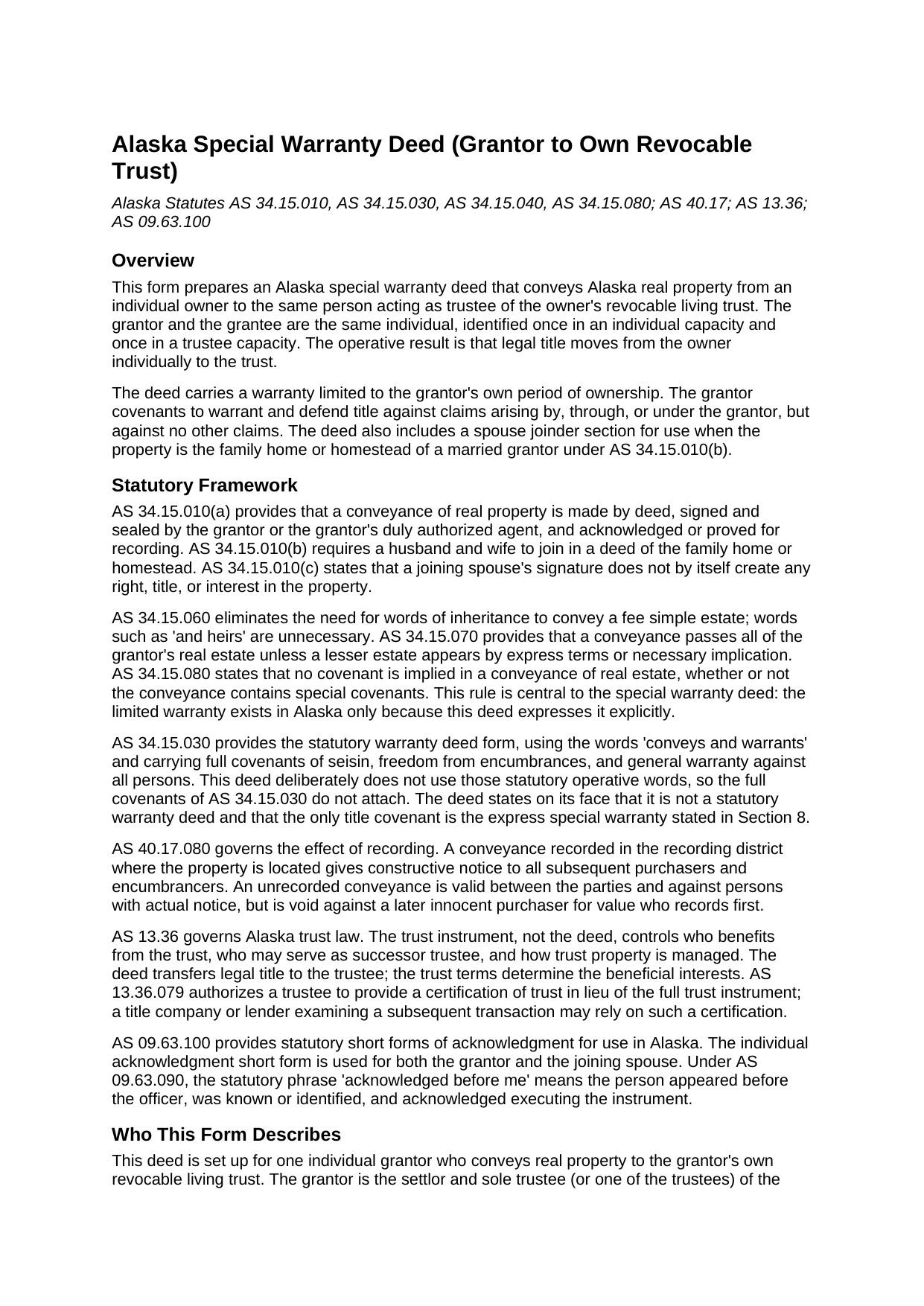 Yukon Koyukuk Borough Special Warranty Deed (Grantor to Own Revocable Trust) Guide
