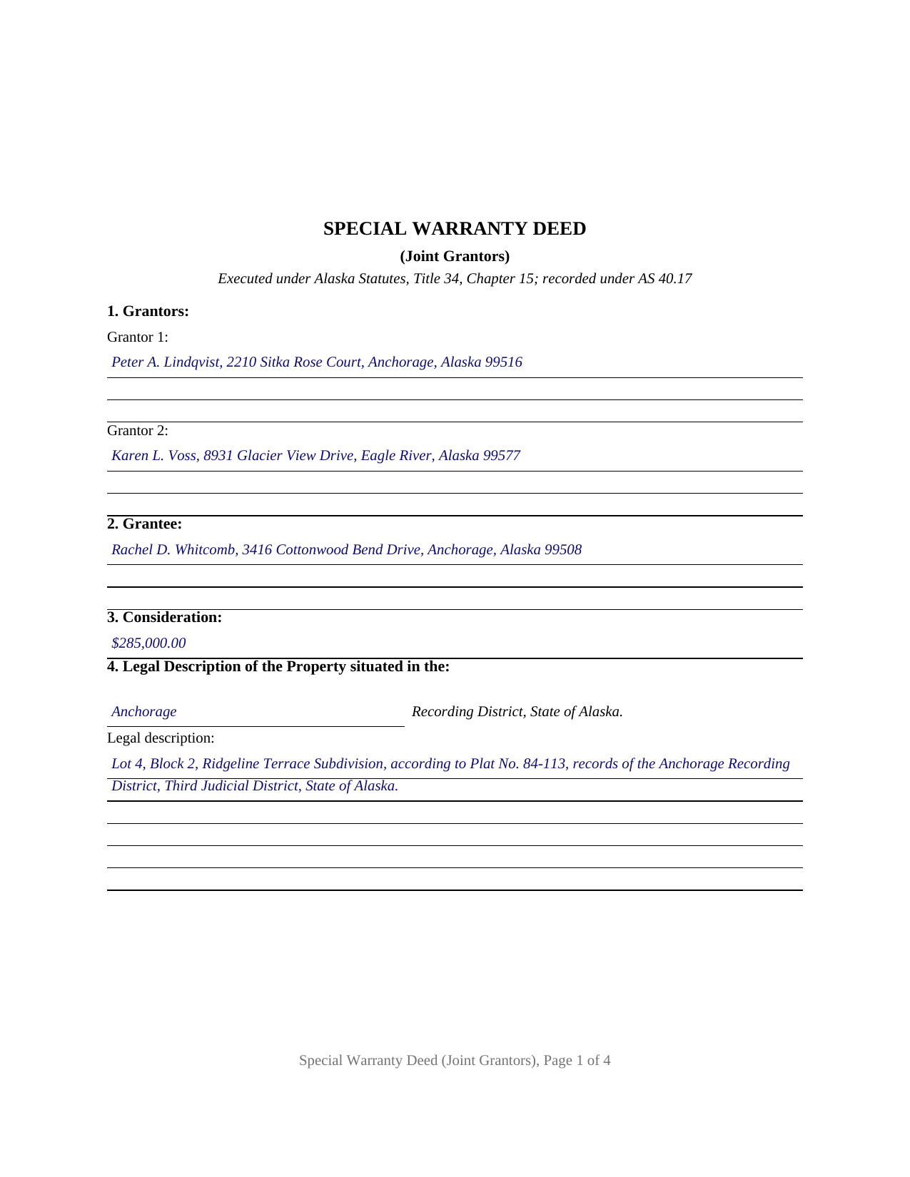 Yukon Koyukuk Borough Completed Example of the Special Warranty Deed (Joint Grantors) Document