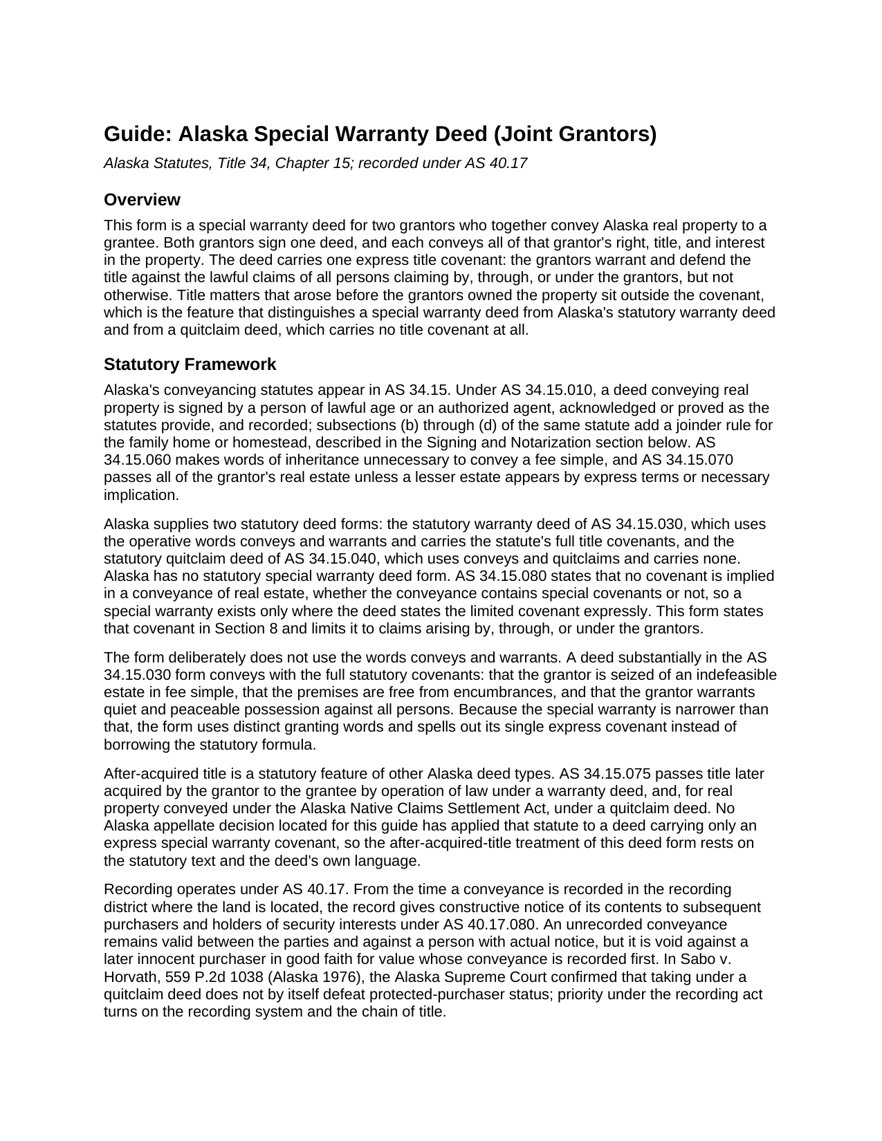 Yukon Koyukuk Borough Special Warranty Deed (Joint Grantors) Guide