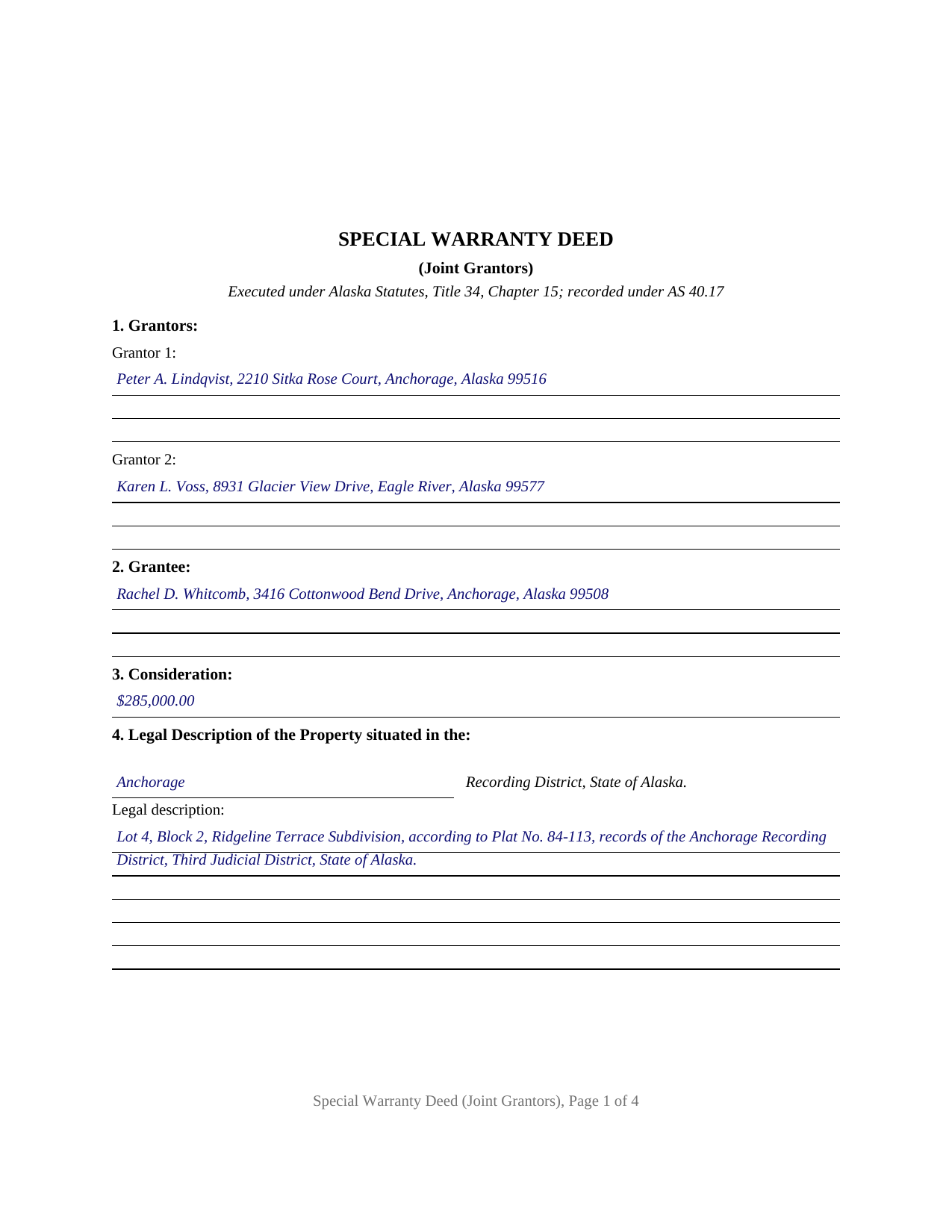Yukon Koyukuk Borough Completed Example of the Special Warranty Deed (Joint Grantors) Document