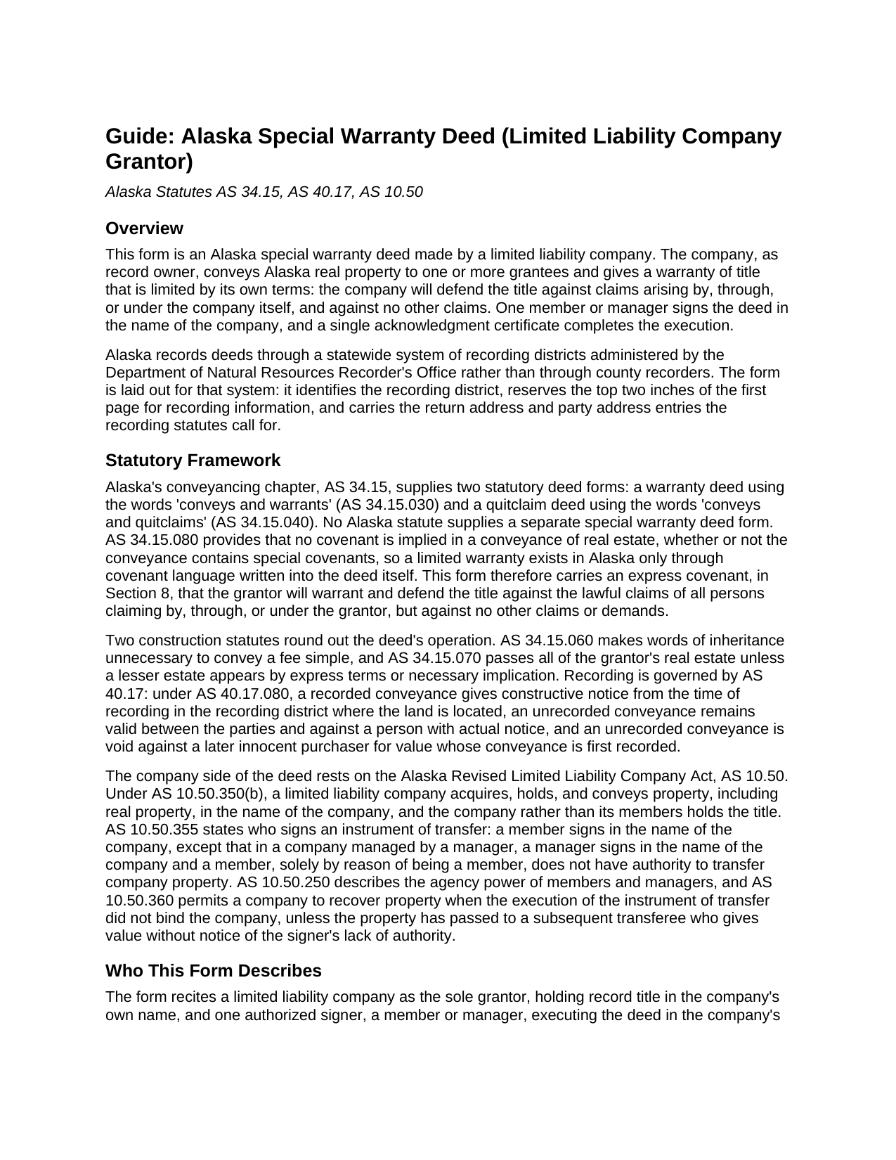 Yukon Koyukuk Borough Special Warranty Deed (LLC Grantor) Guide
