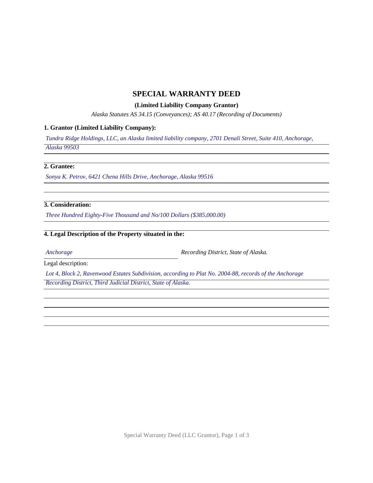 Yukon Koyukuk Borough Completed Example of the Special Warranty Deed (LLC Grantor) Document