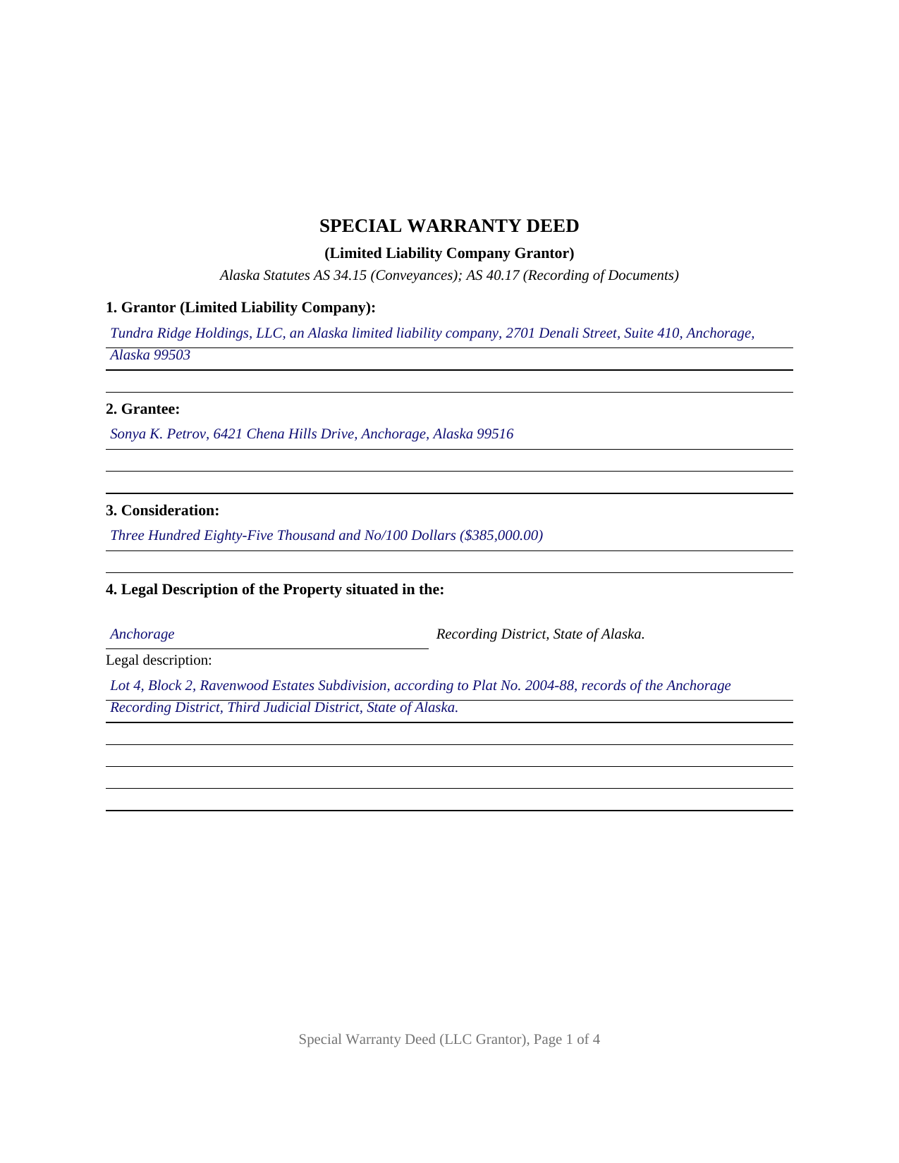 Yukon Koyukuk Borough Completed Example of the Special Warranty Deed (LLC Grantor) Document