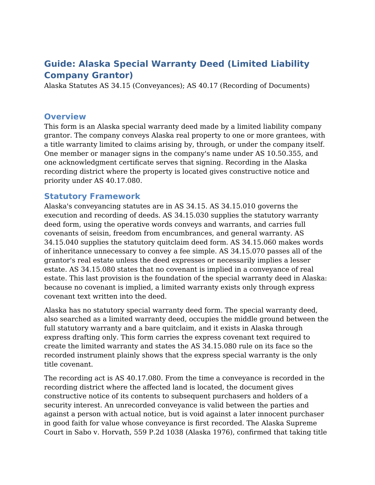 Yukon Koyukuk Borough Special Warranty Deed (LLC Grantor) Guide