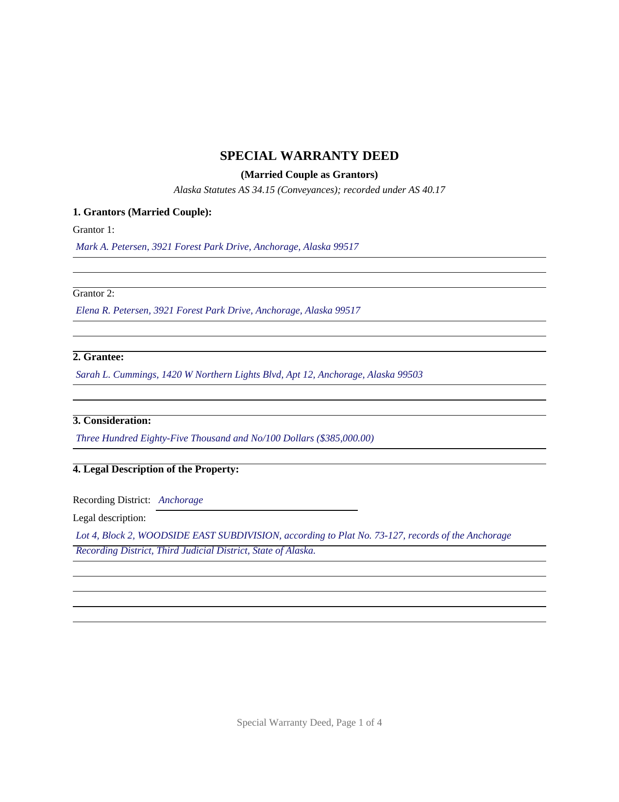 Yukon Koyukuk Borough Completed Example of the Special Warranty Deed (Married Couple as Grantors) Document