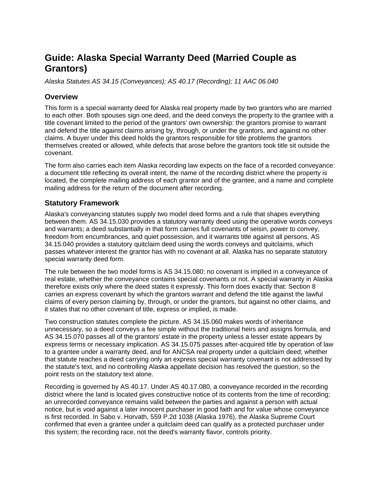 Yukon Koyukuk Borough Special Warranty Deed (Married Couple as Grantors) Guide