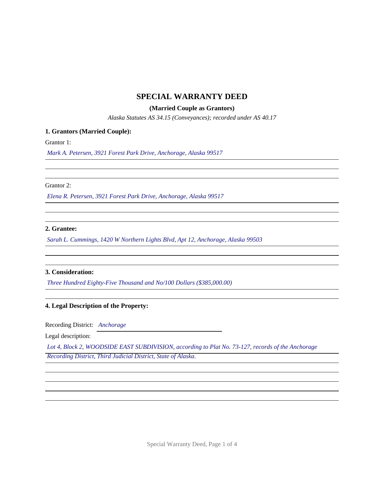 Yukon Koyukuk Borough Completed Example of the Special Warranty Deed (Married Couple as Grantors) Document