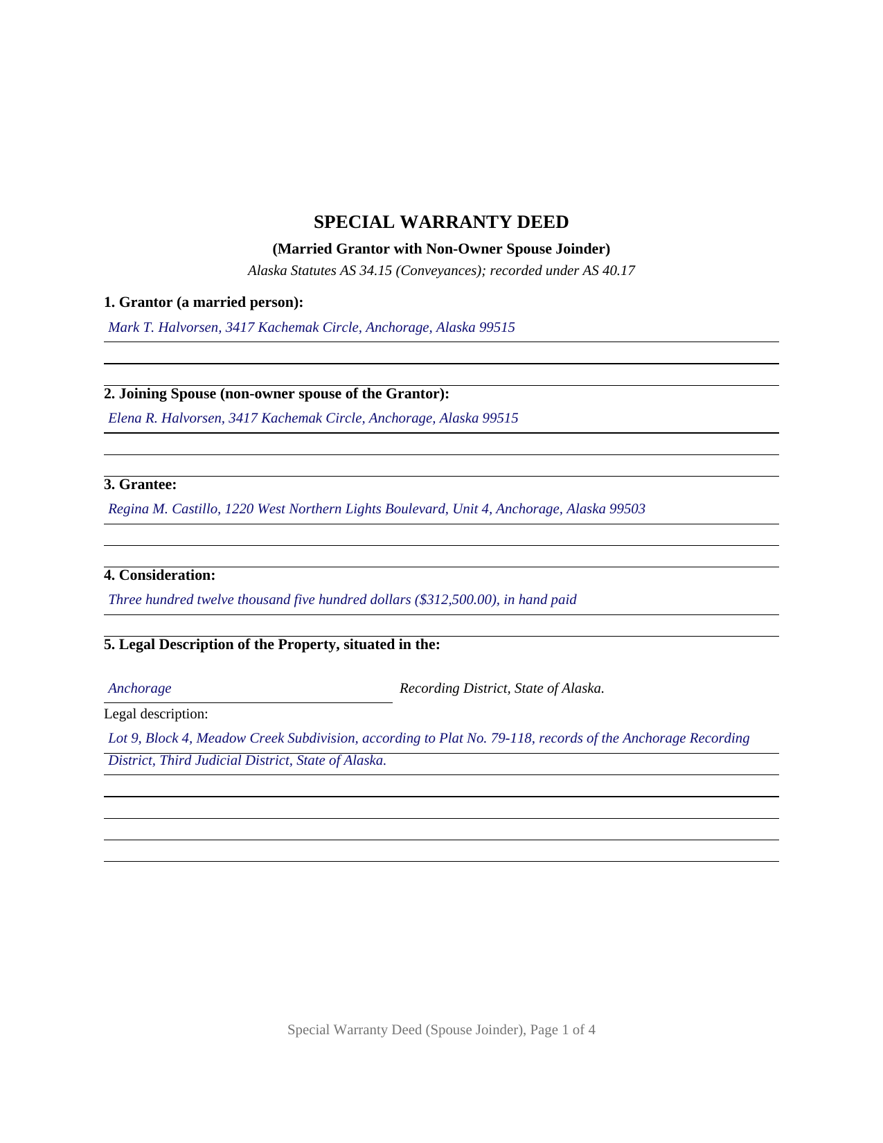 Yukon Koyukuk Borough Completed Example of the Special Warranty Deed (Married Grantor with Non-Owner Spouse Joinder) Document