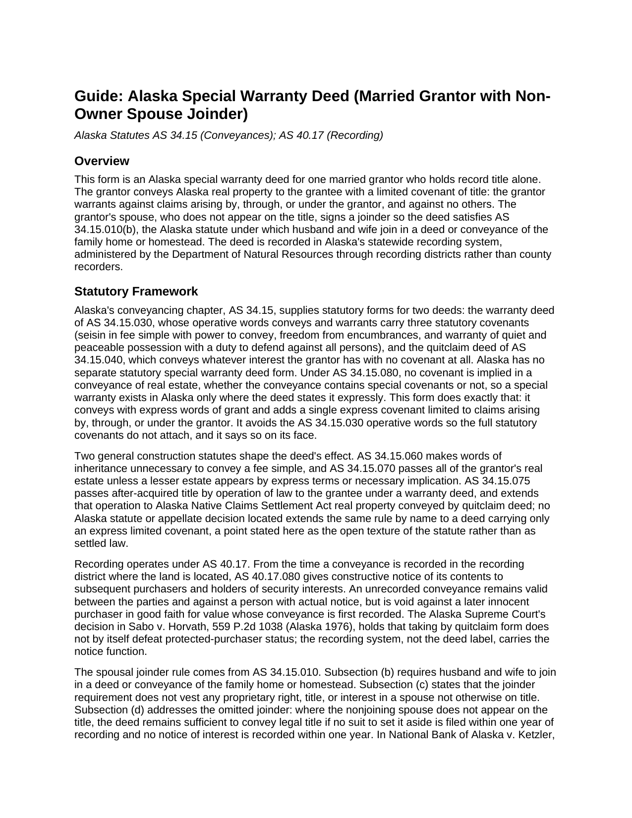 Yukon Koyukuk Borough Special Warranty Deed (Married Grantor with Non-Owner Spouse Joinder) Guide