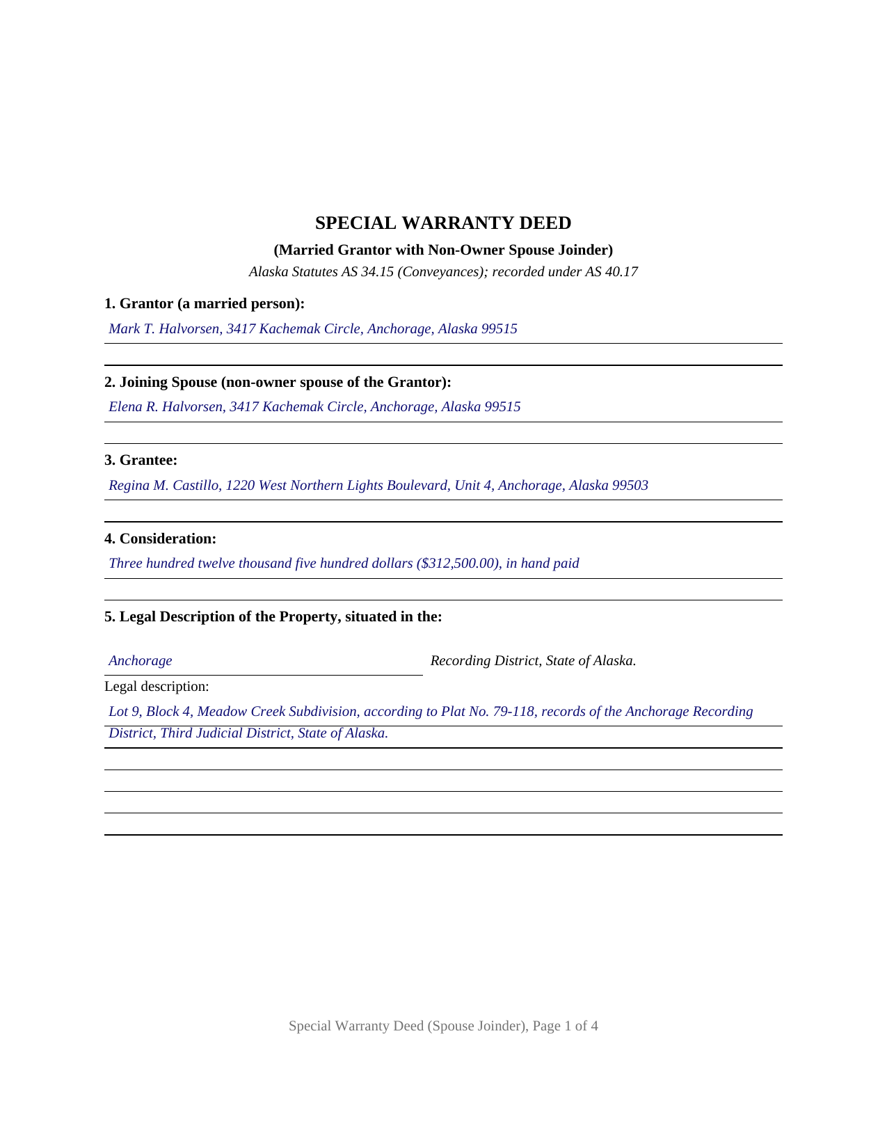 Yukon Koyukuk Borough Completed Example of the Special Warranty Deed (Married Grantor with Non-Owner Spouse Joinder) Document