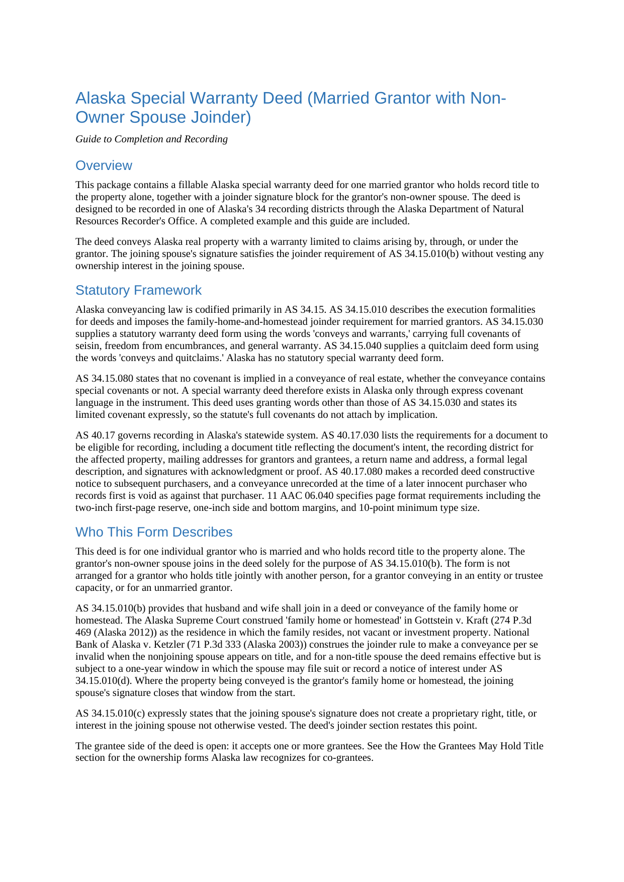 Yukon Koyukuk Borough Special Warranty Deed (Married Grantor with Non-Owner Spouse Joinder) Guide