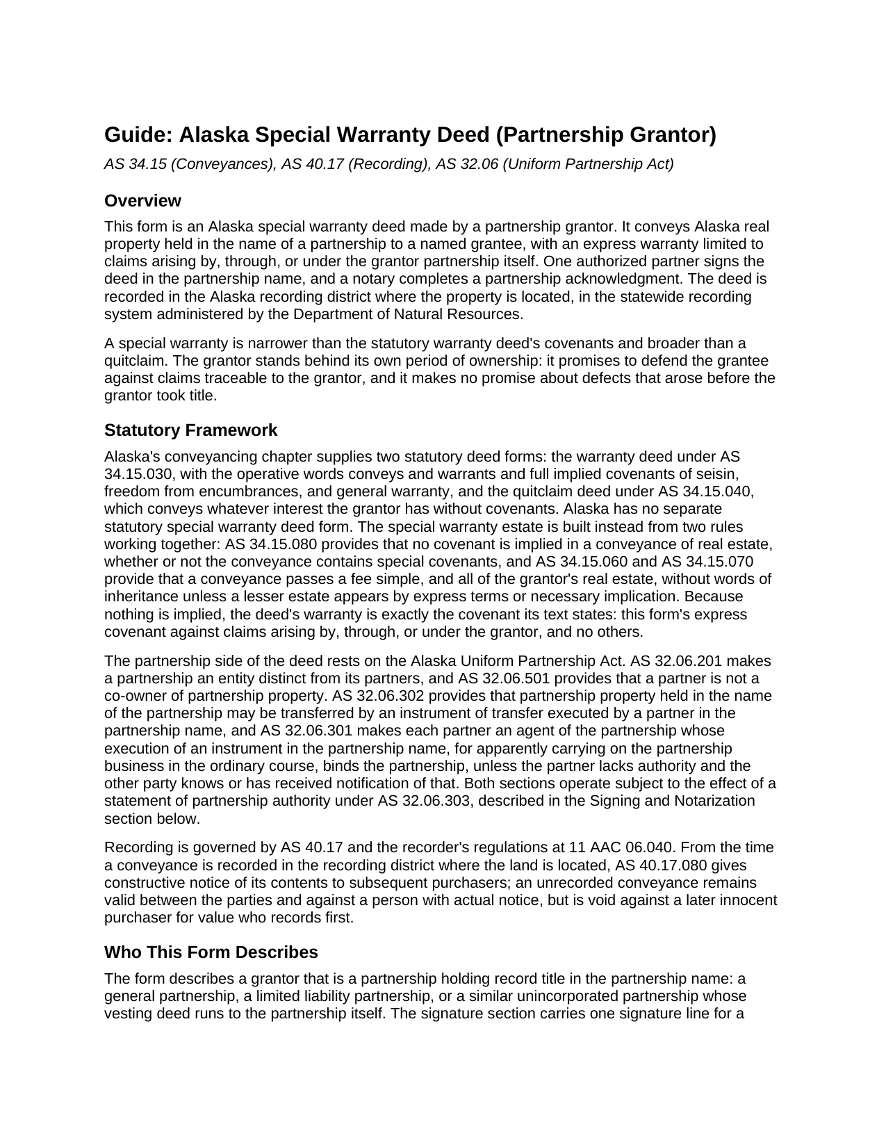 Yukon Koyukuk Borough Special Warranty Deed (Partnership Grantor) Guide