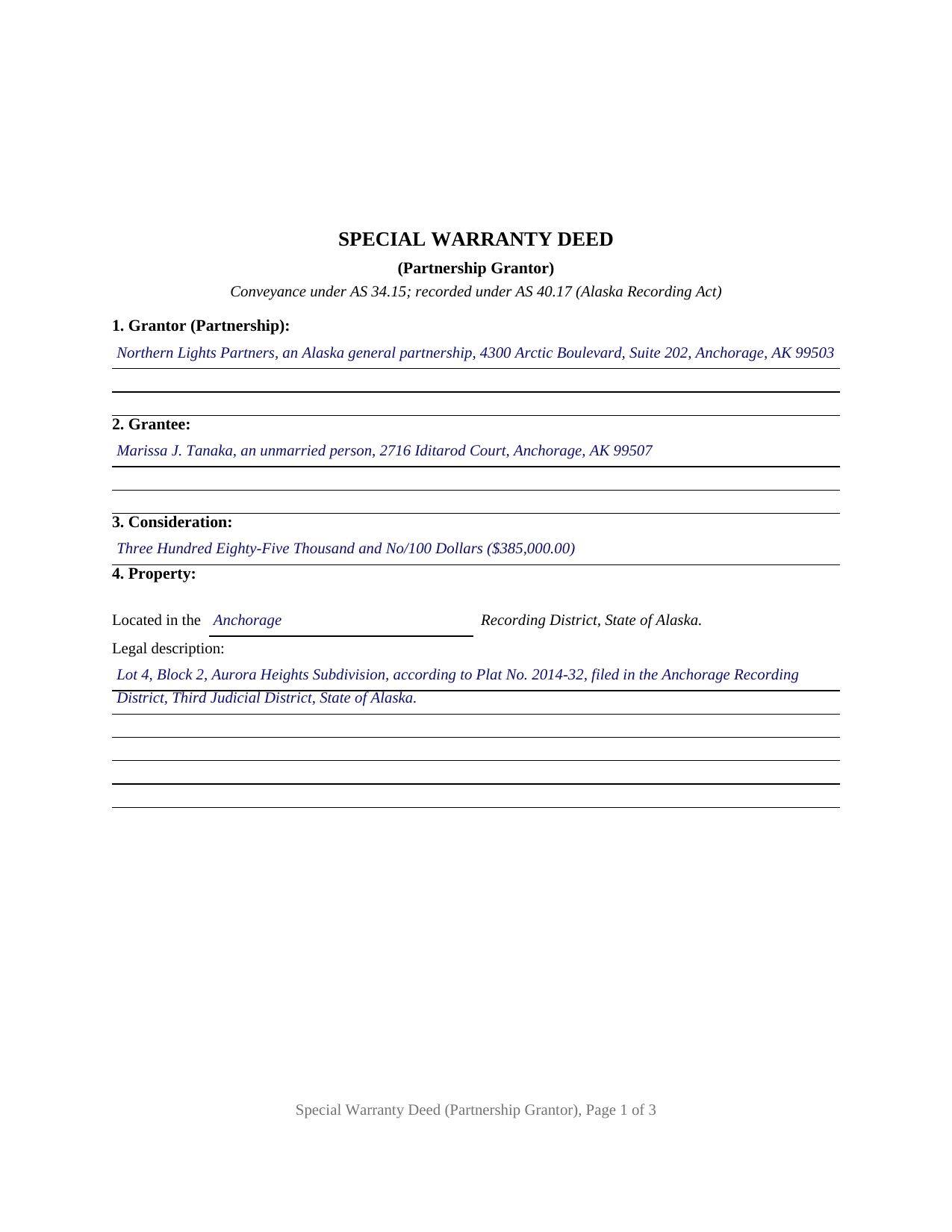 Yukon Koyukuk Borough Completed Example of the Special Warranty Deed (Partnership Grantor) Document
