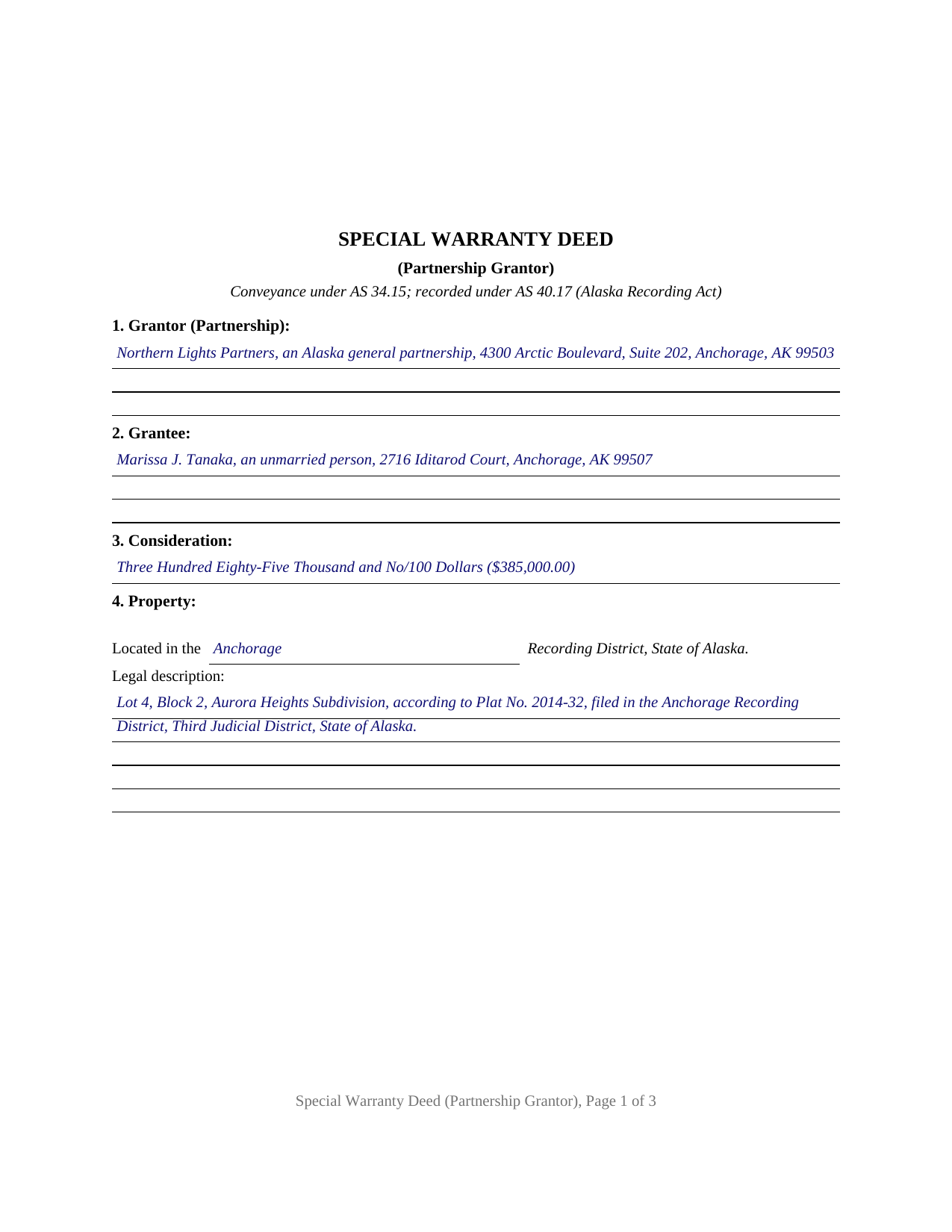 Yukon Koyukuk Borough Completed Example of the Special Warranty Deed (Partnership Grantor) Document