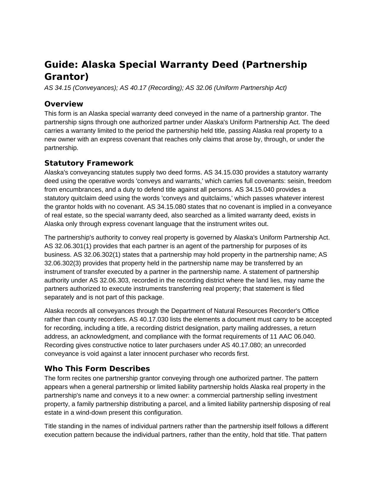 Yukon Koyukuk Borough Special Warranty Deed (Partnership Grantor) Guide