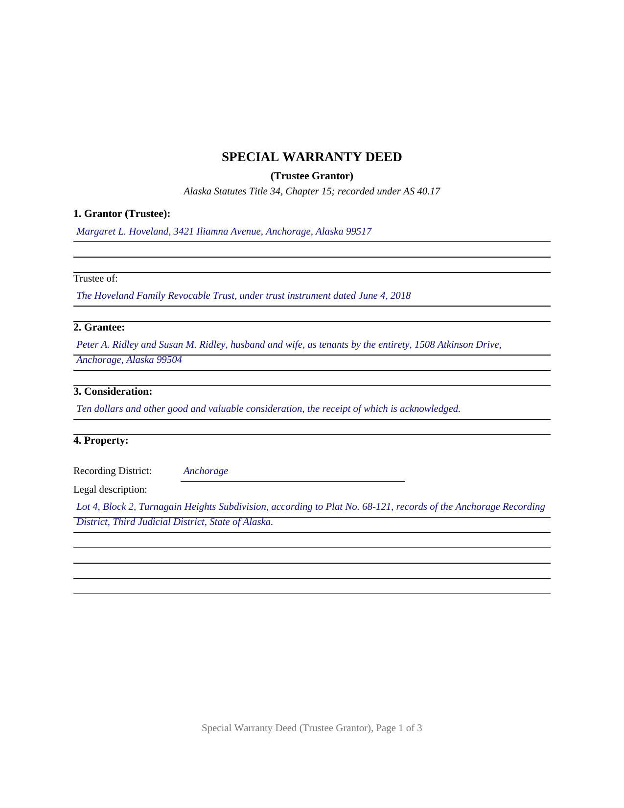 Yukon Koyukuk Borough Completed Example of the Special Warranty Deed (Trustee Grantor) Document