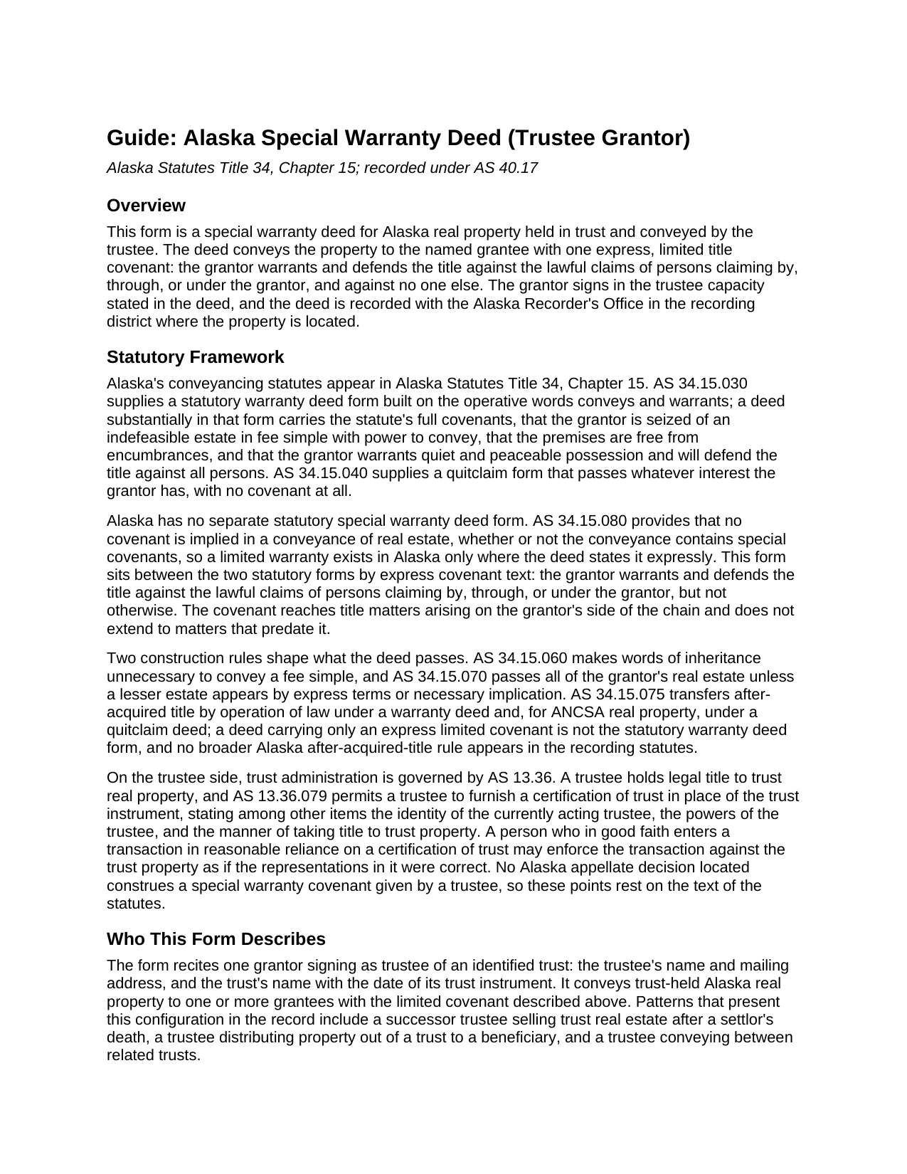 Yukon Koyukuk Borough Special Warranty Deed (Trustee Grantor) Guide