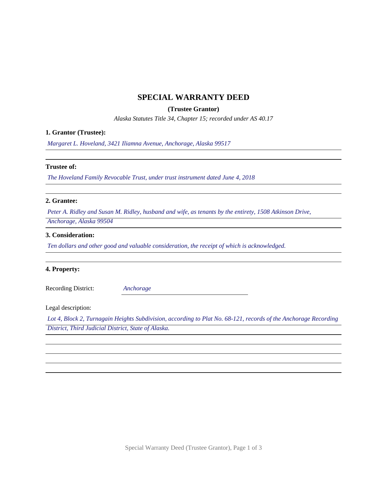 Yukon Koyukuk Borough Completed Example of the Special Warranty Deed (Trustee Grantor) Document