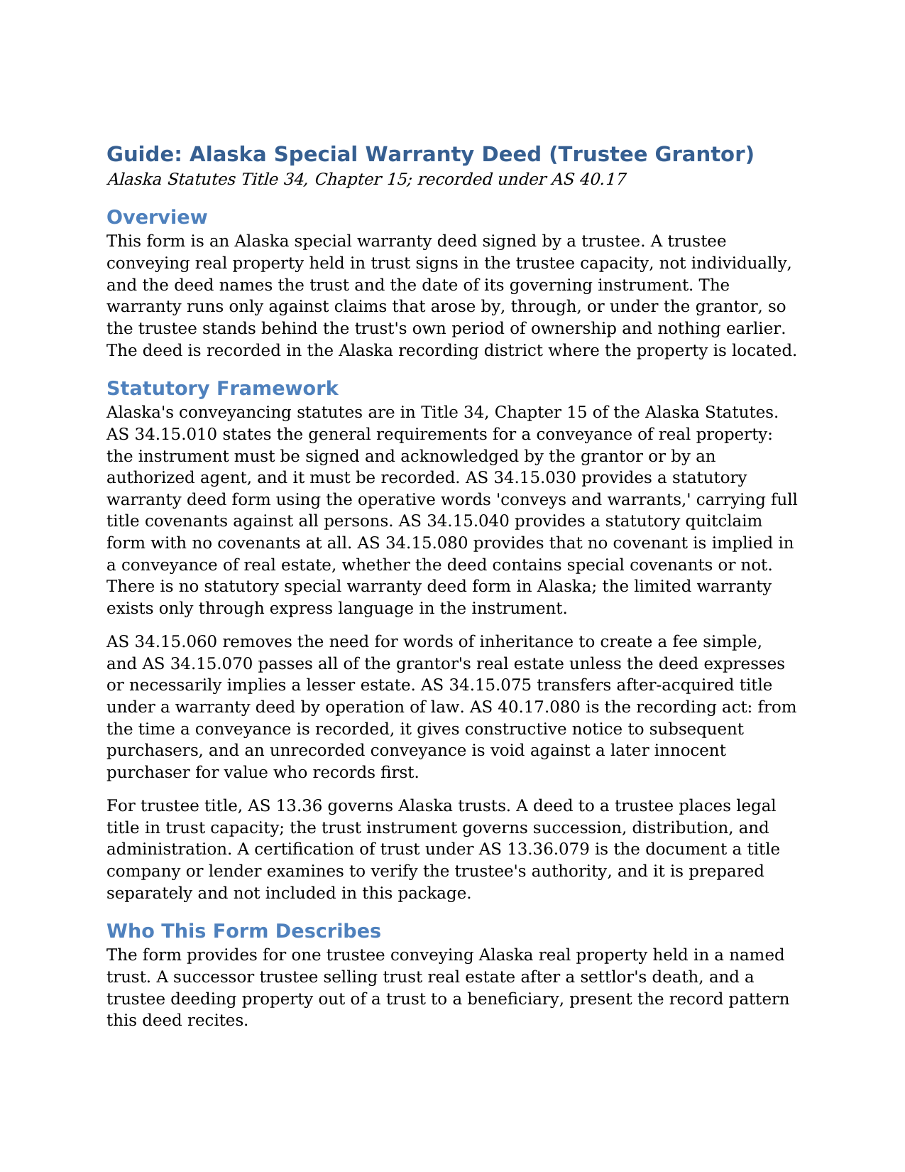 Yukon Koyukuk Borough Special Warranty Deed (Trustee Grantor) Guide