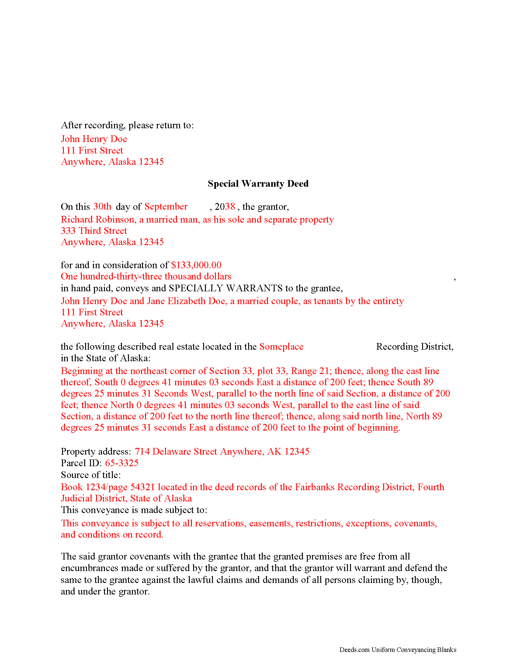 Northwest Arctic Borough Completed Example of the Special Warranty Deed Document