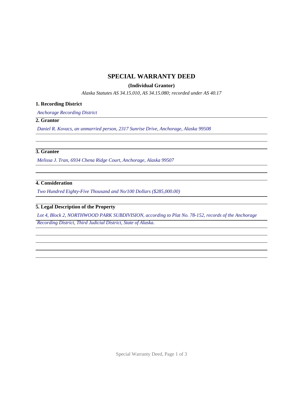 Kodiak Island Borough Completed Example of the Special Warranty Deed Document