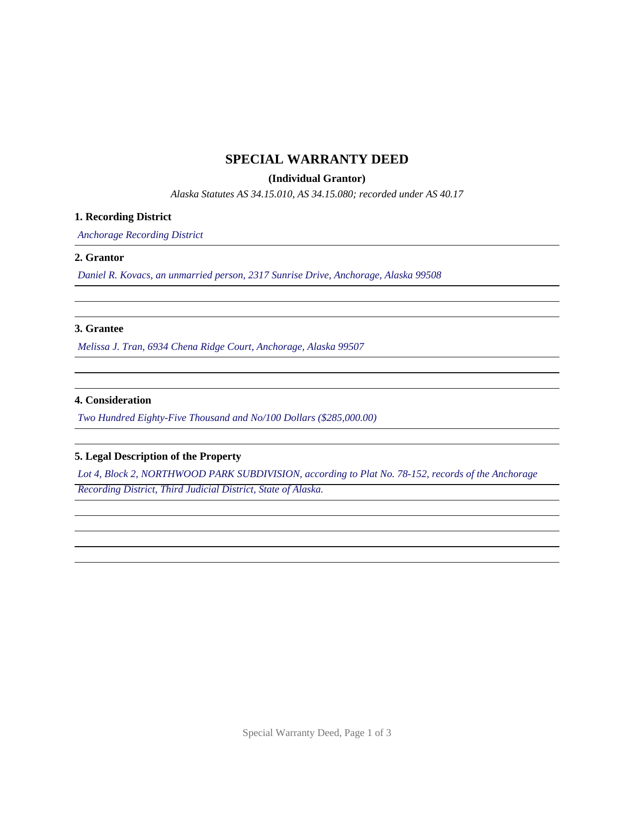 Skagway Hoonah Angoon Borough Completed Example of the Special Warranty Deed Document