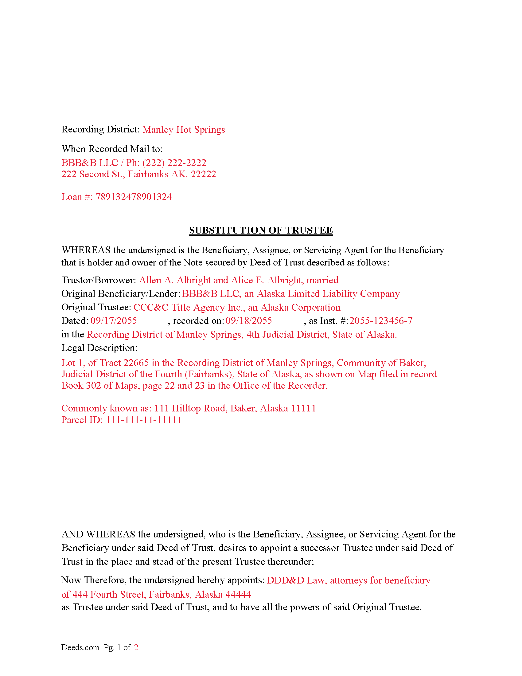 Aleutians East Borough Completed Example of a Substitution of Trustee Document