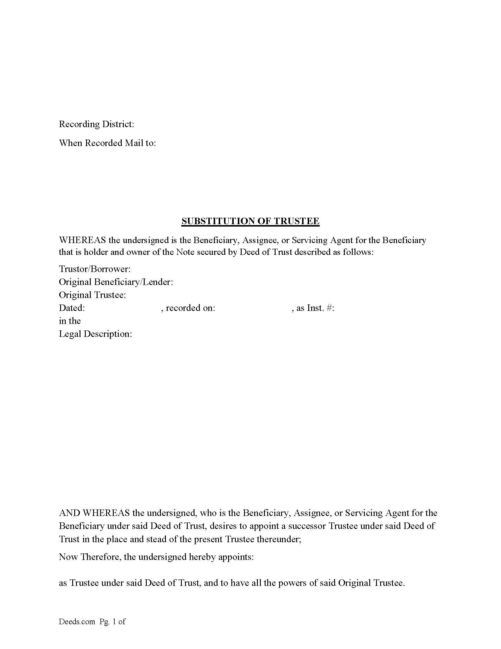 Aleutians East Borough Substitution of Trustee Form