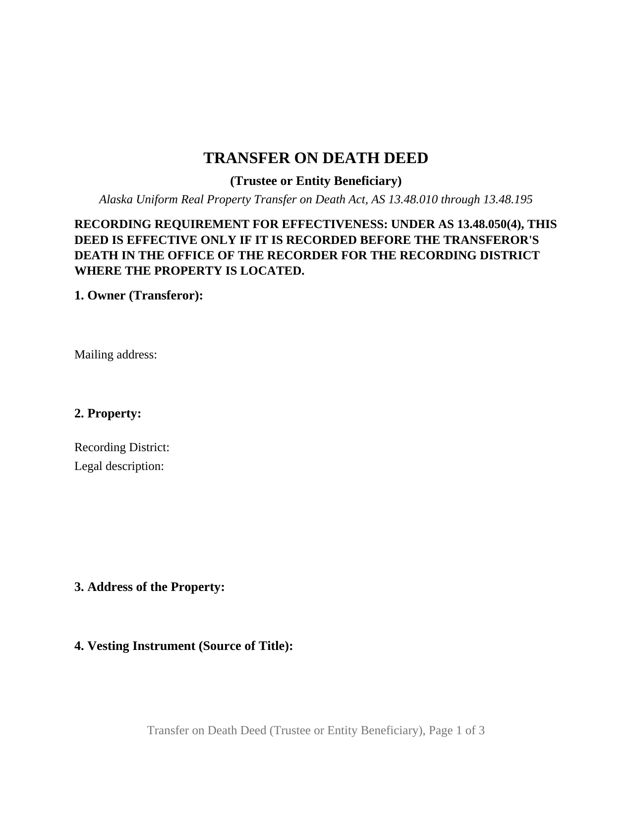 Dillingham Borough Transfer on Death Deed (Trustee or Entity Beneficiary) Form
