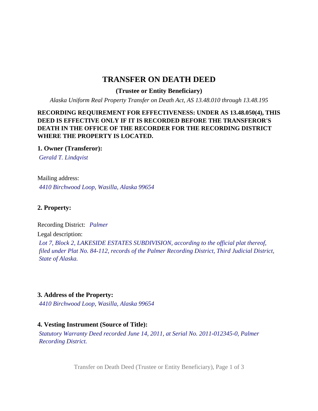 Dillingham Borough Completed Example of the Transfer on Death Deed (Trustee or Entity Beneficiary) Document