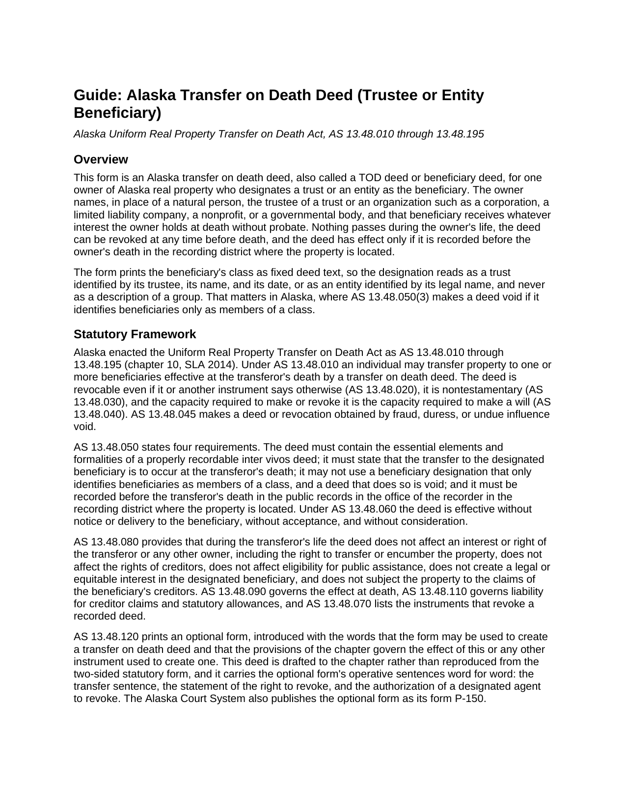 Dillingham Borough Transfer on Death Deed (Trustee or Entity Beneficiary) Guide