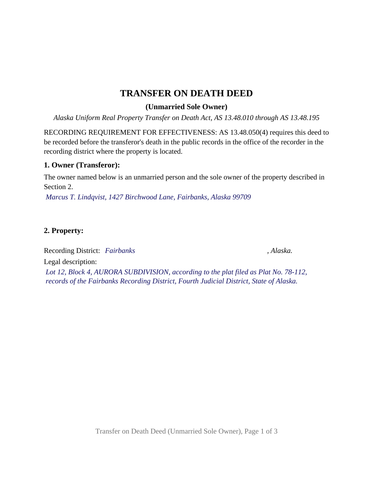 Dillingham Borough Completed Example of the Transfer on Death Deed (Unmarried Sole Owner) Document