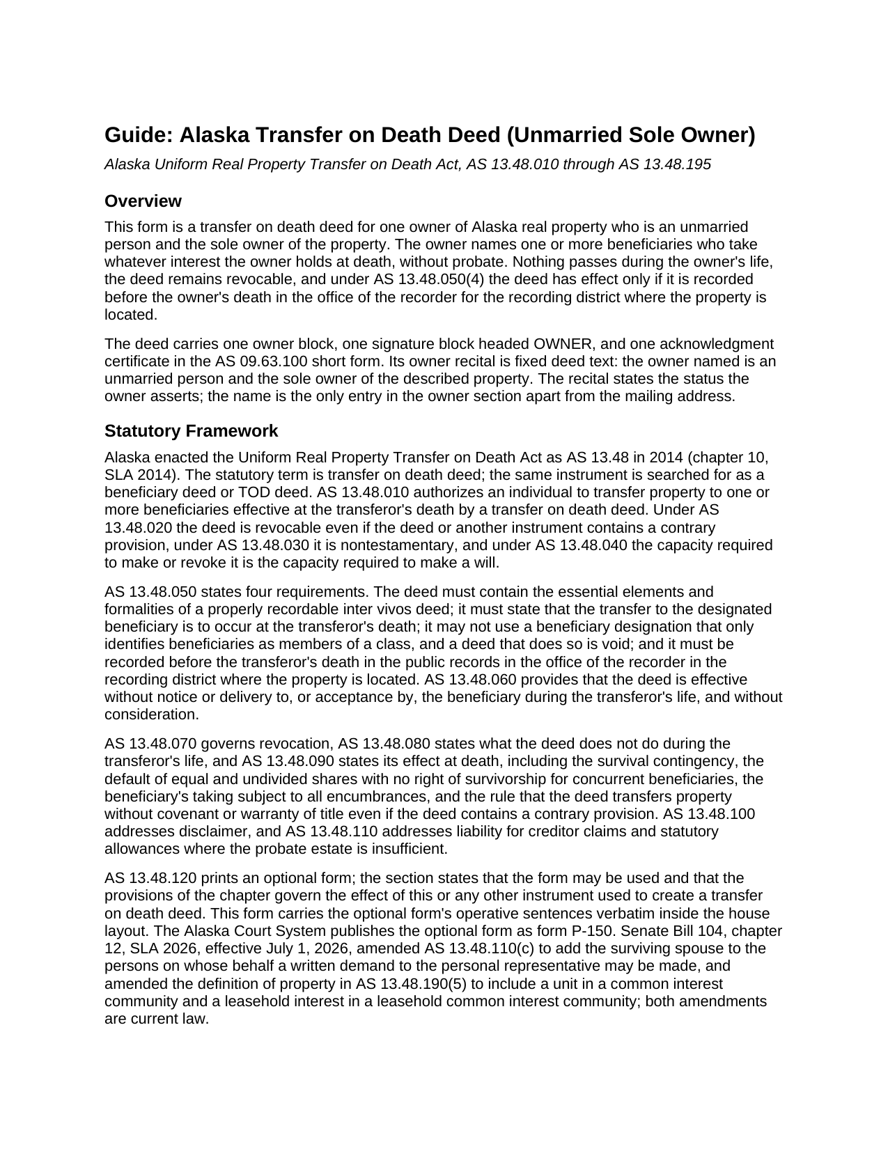Dillingham Borough Transfer on Death Deed (Unmarried Sole Owner) Guide