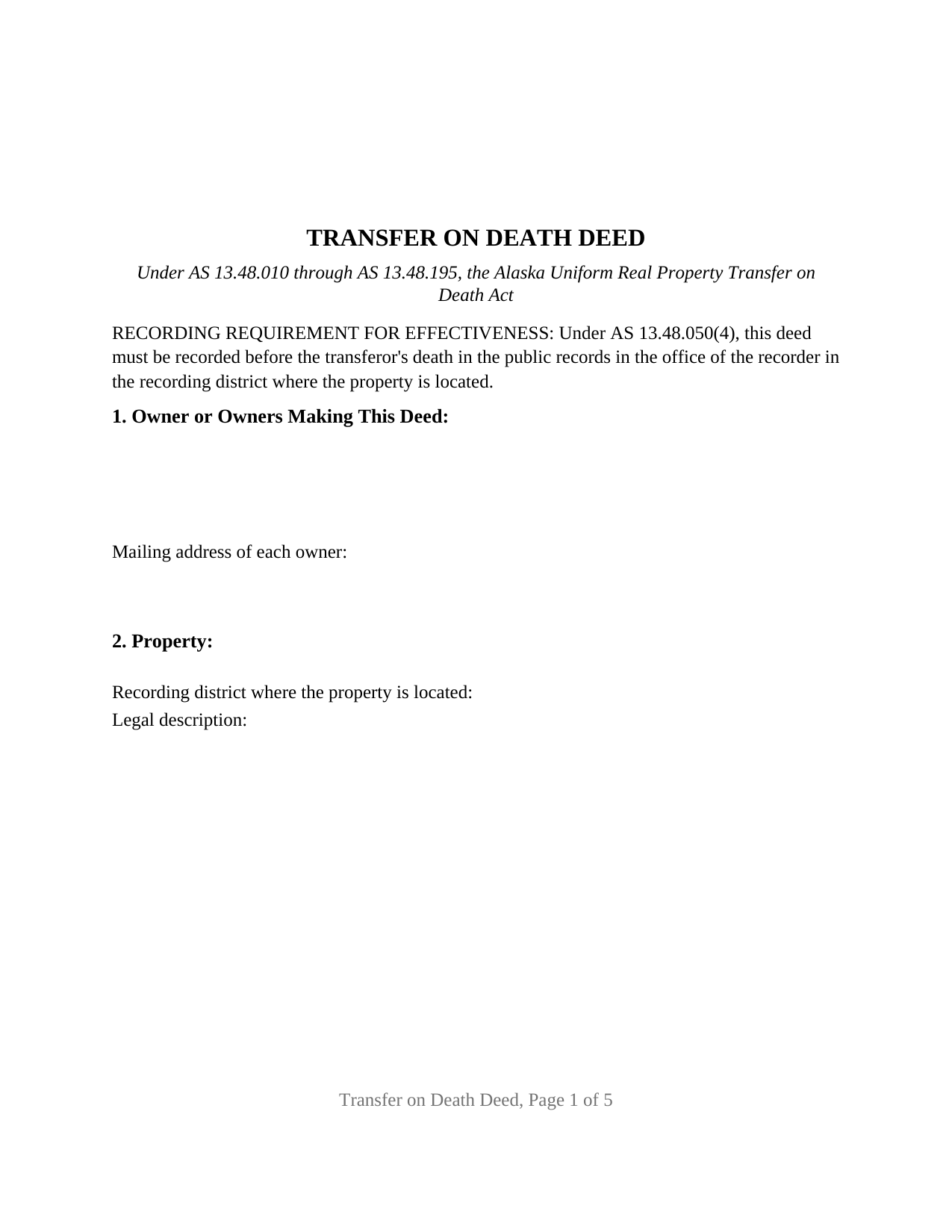 Sitka Borough Transfer on Death Deed Form