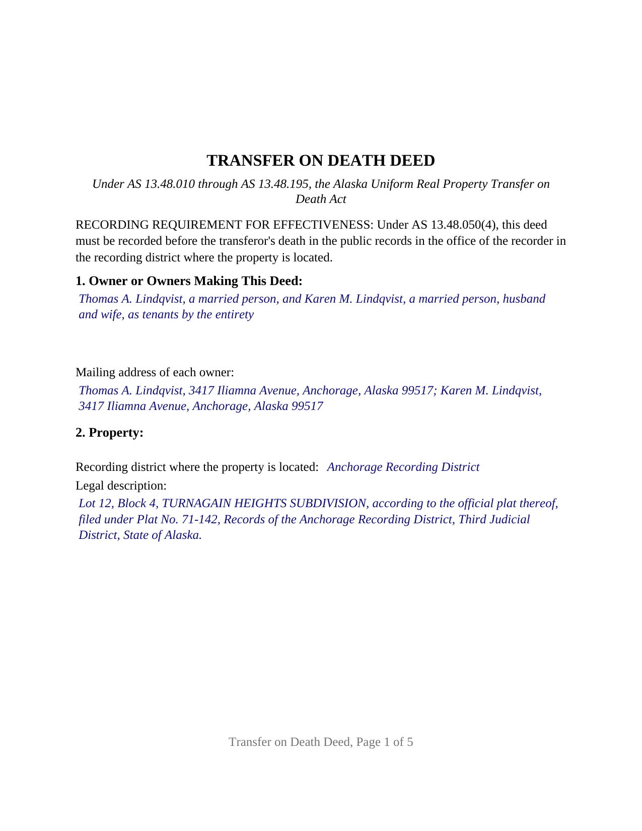 Sitka Borough Completed Example of the Transfer on Death Deed Document