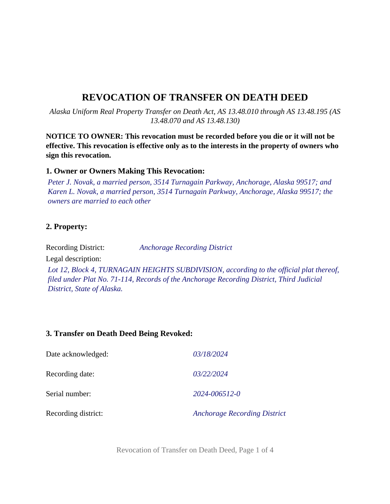 Yukon Koyukuk Borough Completed Example of the Transfer on Death Revocation Document