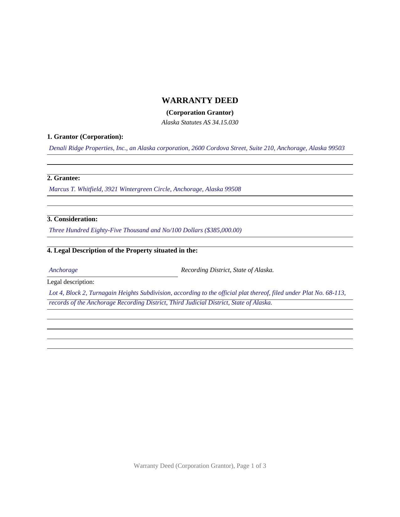 Yukon Koyukuk Borough Completed Example of the Warranty Deed (Corporation Grantor) Document