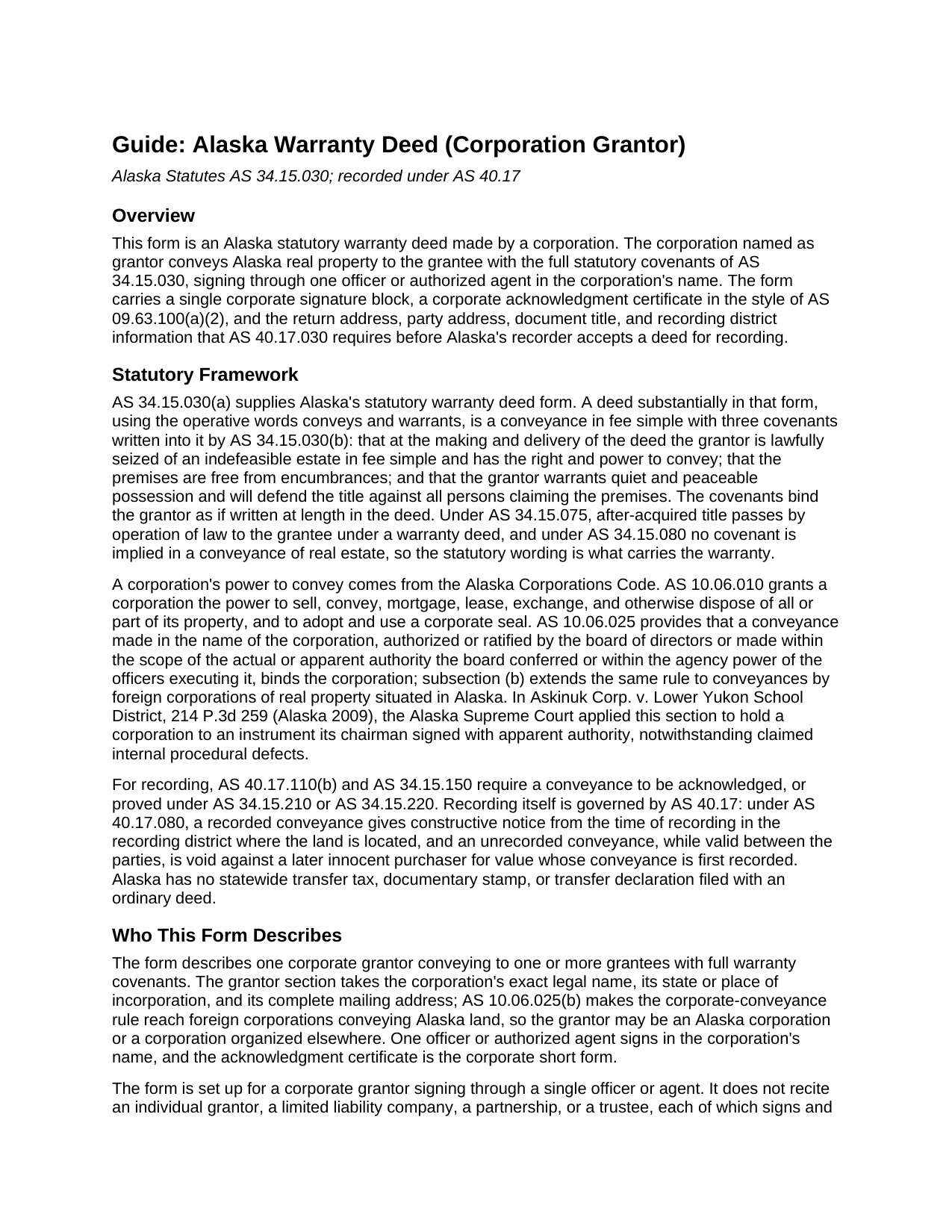 Yukon Koyukuk Borough Warranty Deed (Corporation Grantor) Guide