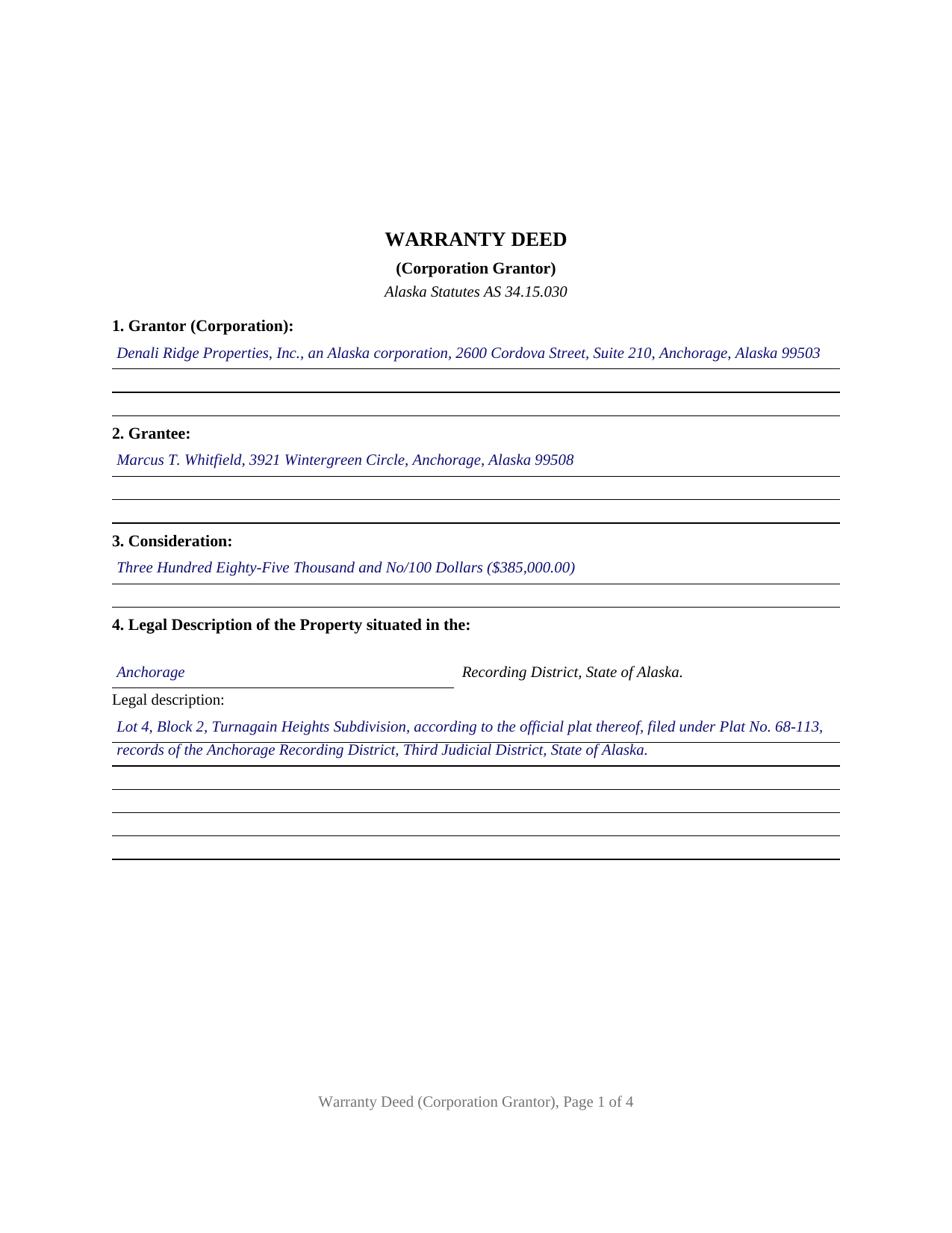 Yukon Koyukuk Borough Completed Example of the Warranty Deed (Corporation Grantor) Document